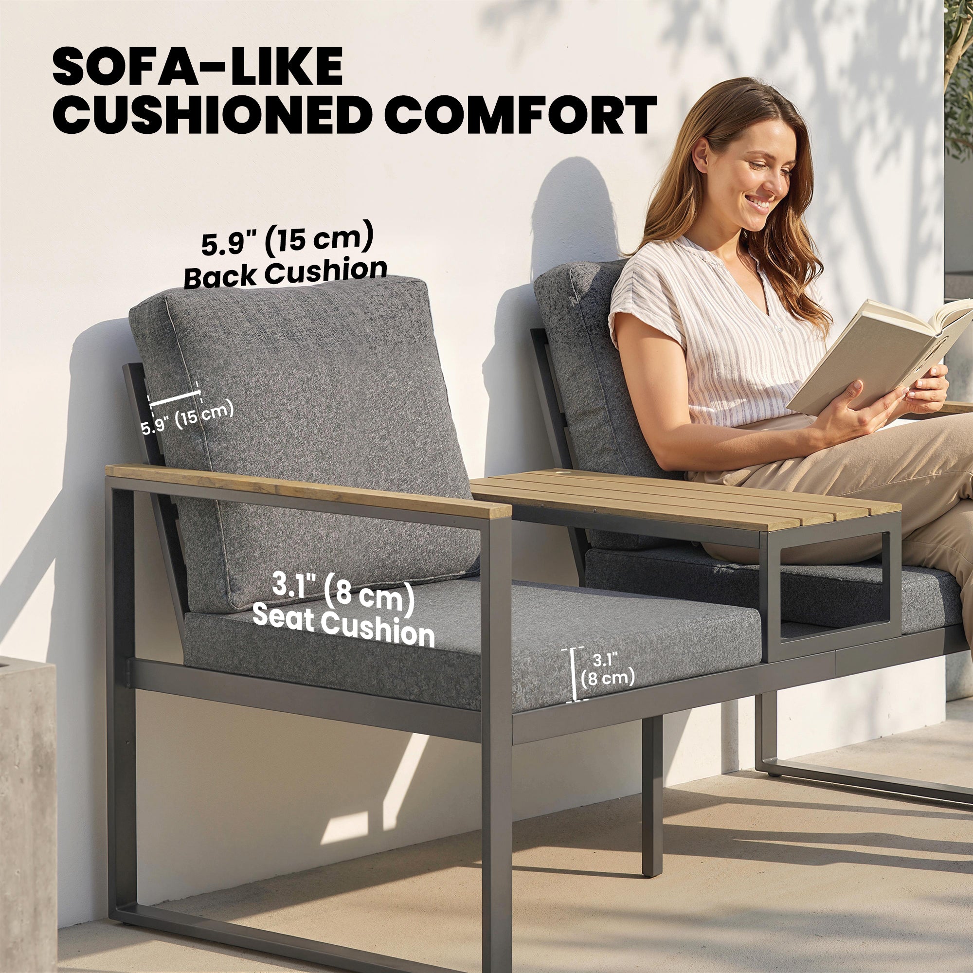 2 Seater Garden Bench with Integrated Table - Grey 136cm-DECOROLALA