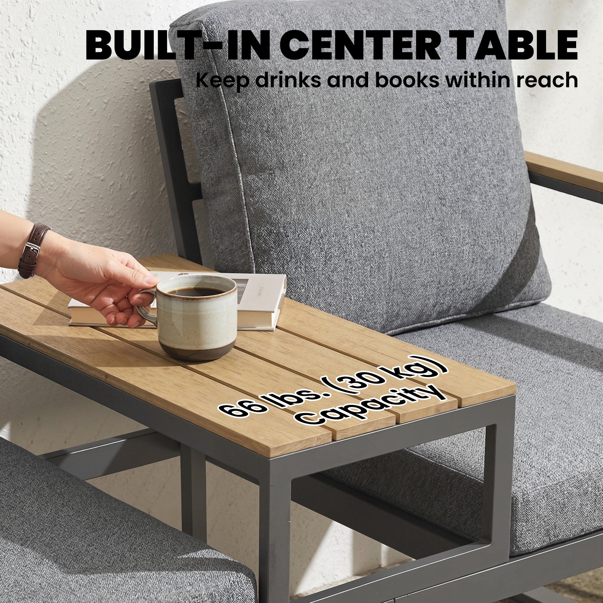 2 Seater Garden Bench with Integrated Table - Grey 136cm-DECOROLALA