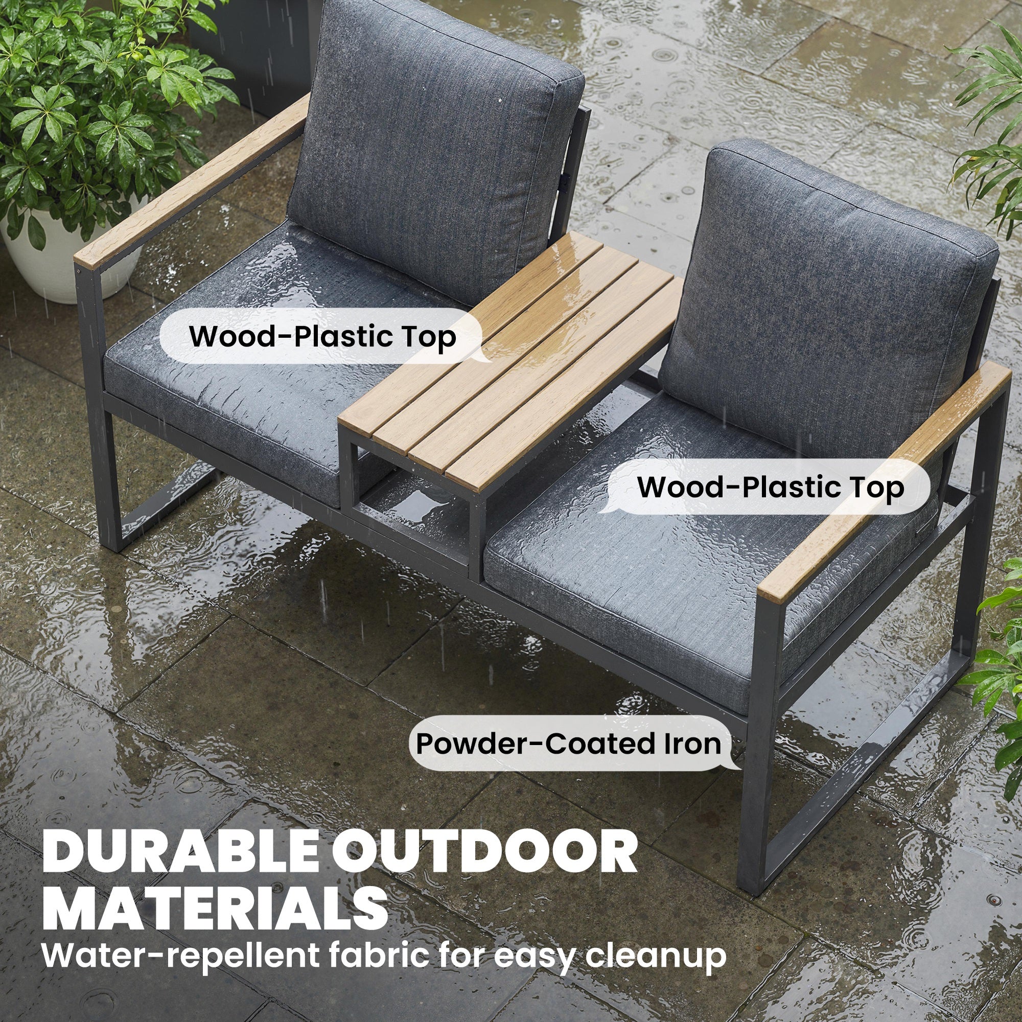 2 Seater Garden Bench with Integrated Table - Grey 136cm-DECOROLALA