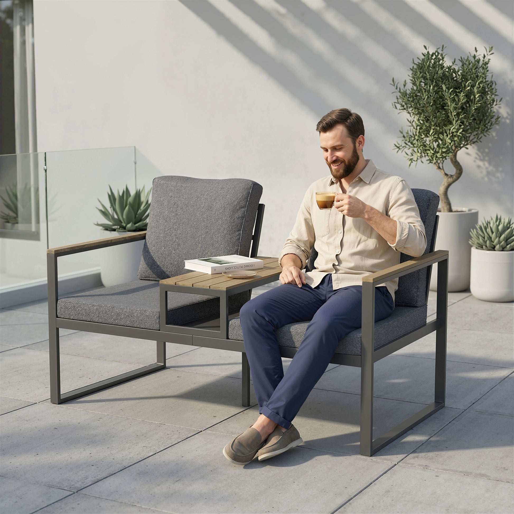 2 Seater Garden Bench with Integrated Table - Grey 136cm-DECOROLALA