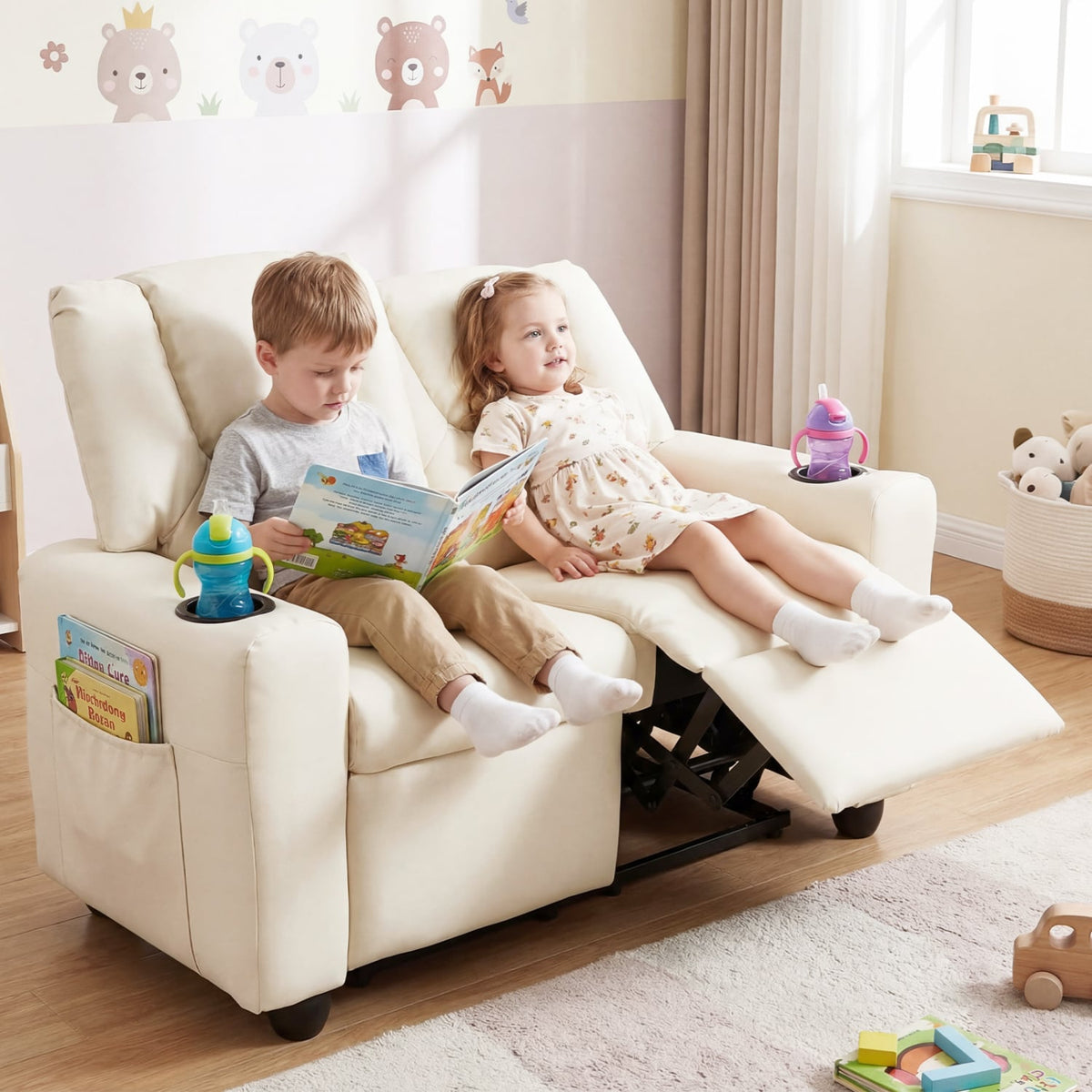 2-Seater Kids Recliner Double Toddler Sofa Chair with 2 Cup Holders-Beige-Kids Chairs-DECOROLALA