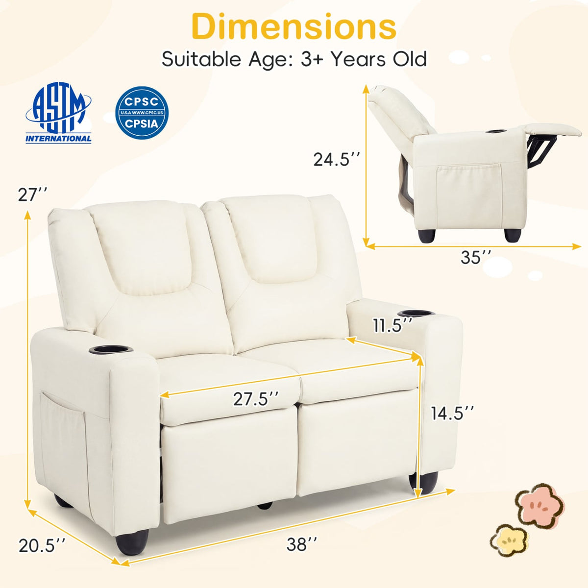 2-Seater Kids Recliner Double Toddler Sofa Chair with 2 Cup Holders-Beige-Kids Chairs-DECOROLALA