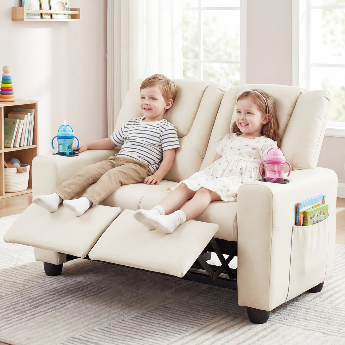 2-Seater Kids Recliner Double Toddler Sofa Chair with 2 Cup Holders-Beige-Kids Chairs-DECOROLALA