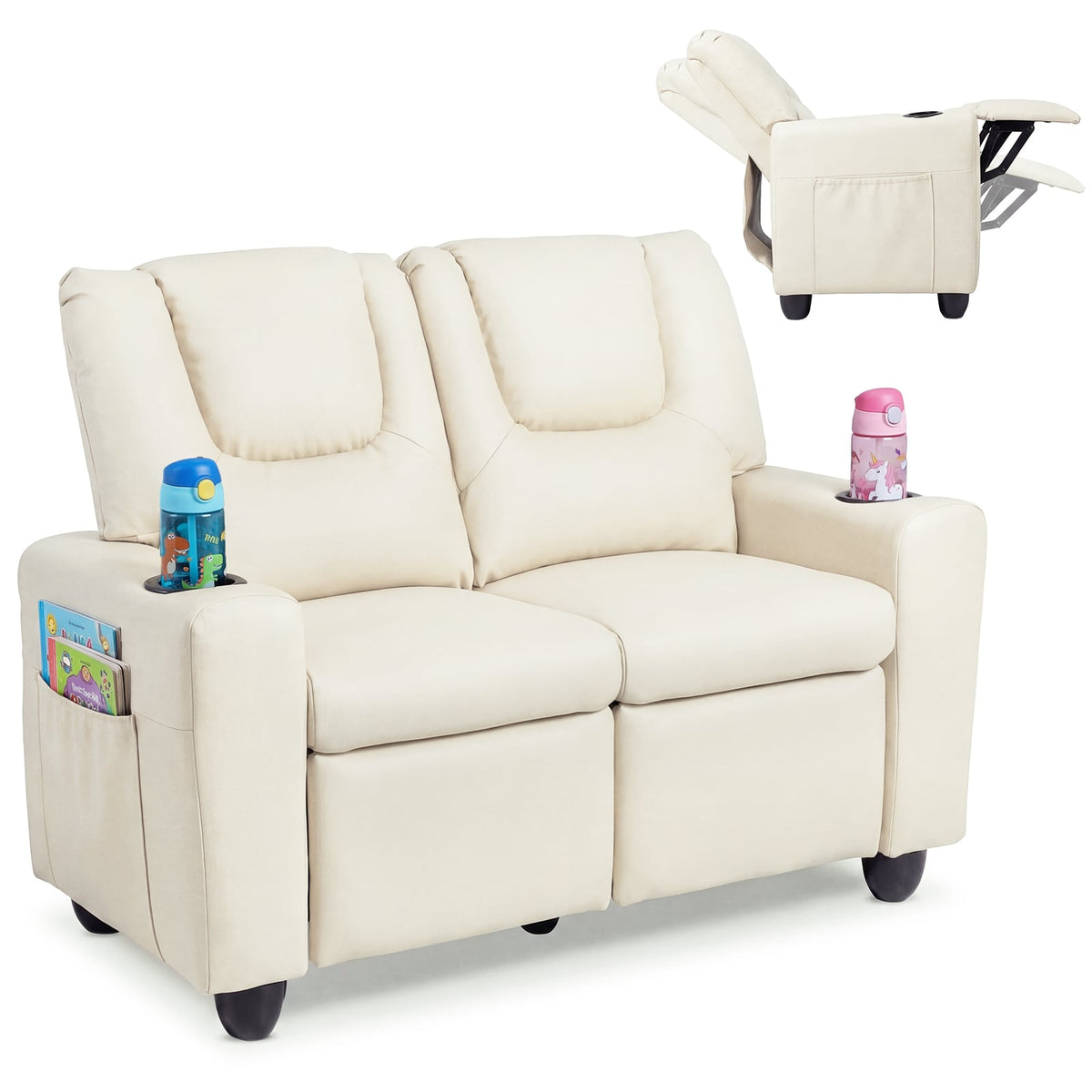 2-Seater Kids Recliner Double Toddler Sofa Chair with 2 Cup Holders-Beige-Kids Chairs-DECOROLALA