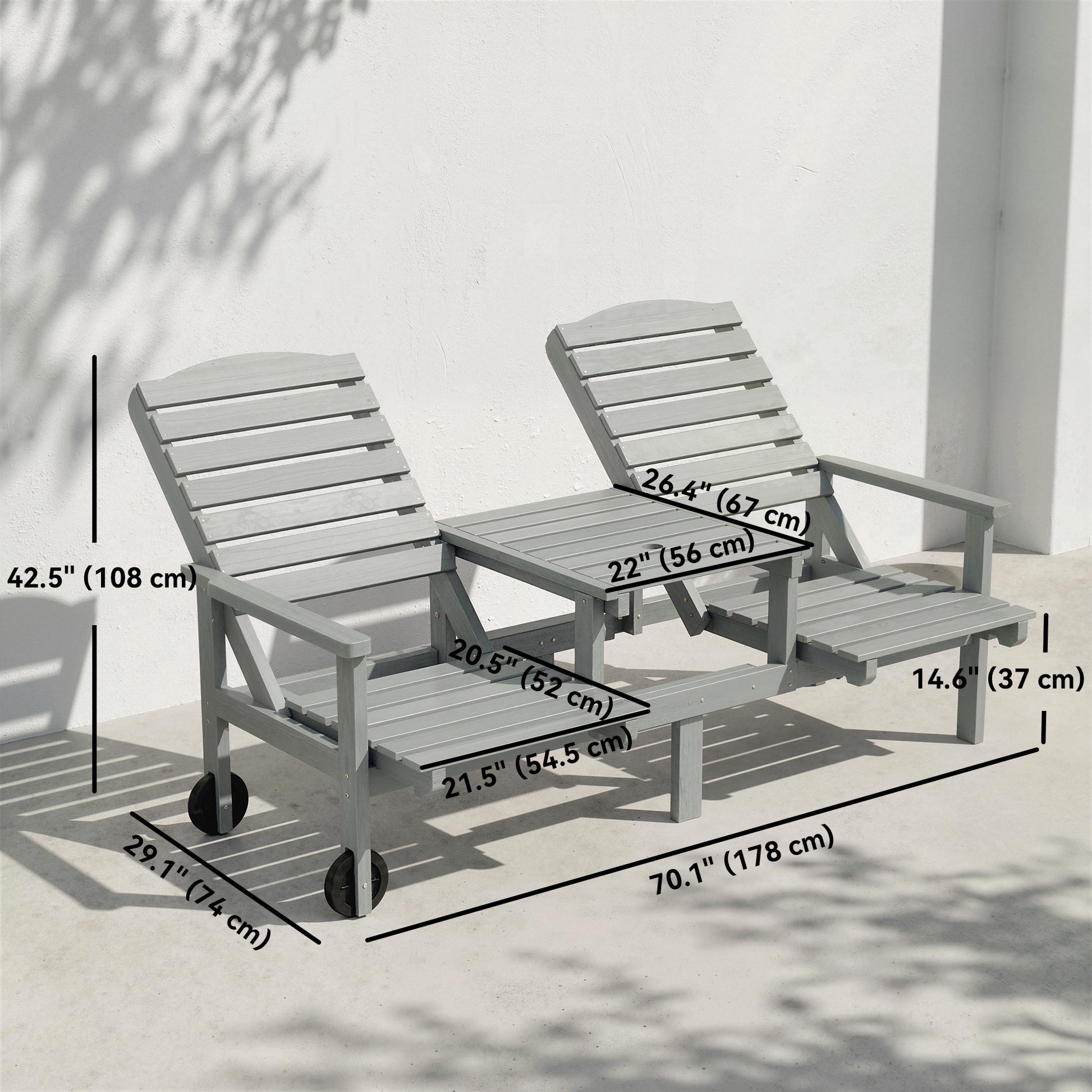 2-Seater Outdoor Wood Bench with Table and Wheels - Grey-DECOROLALA
