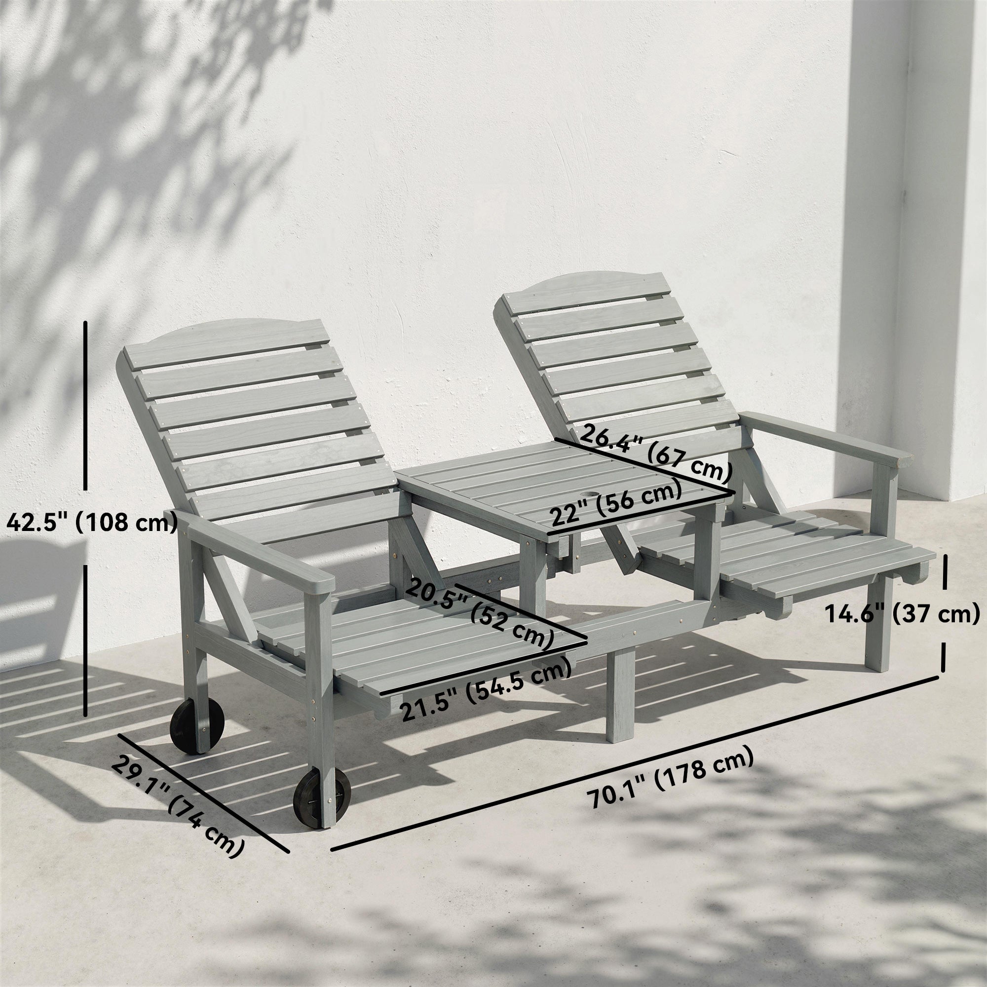 2-Seater Outdoor Wood Bench with Table and Wheels - Grey-DECOROLALA