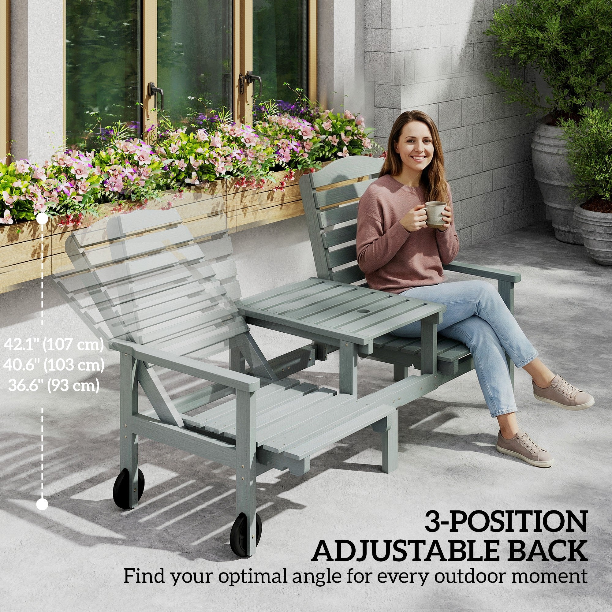2-Seater Outdoor Wood Bench with Table and Wheels - Grey-DECOROLALA