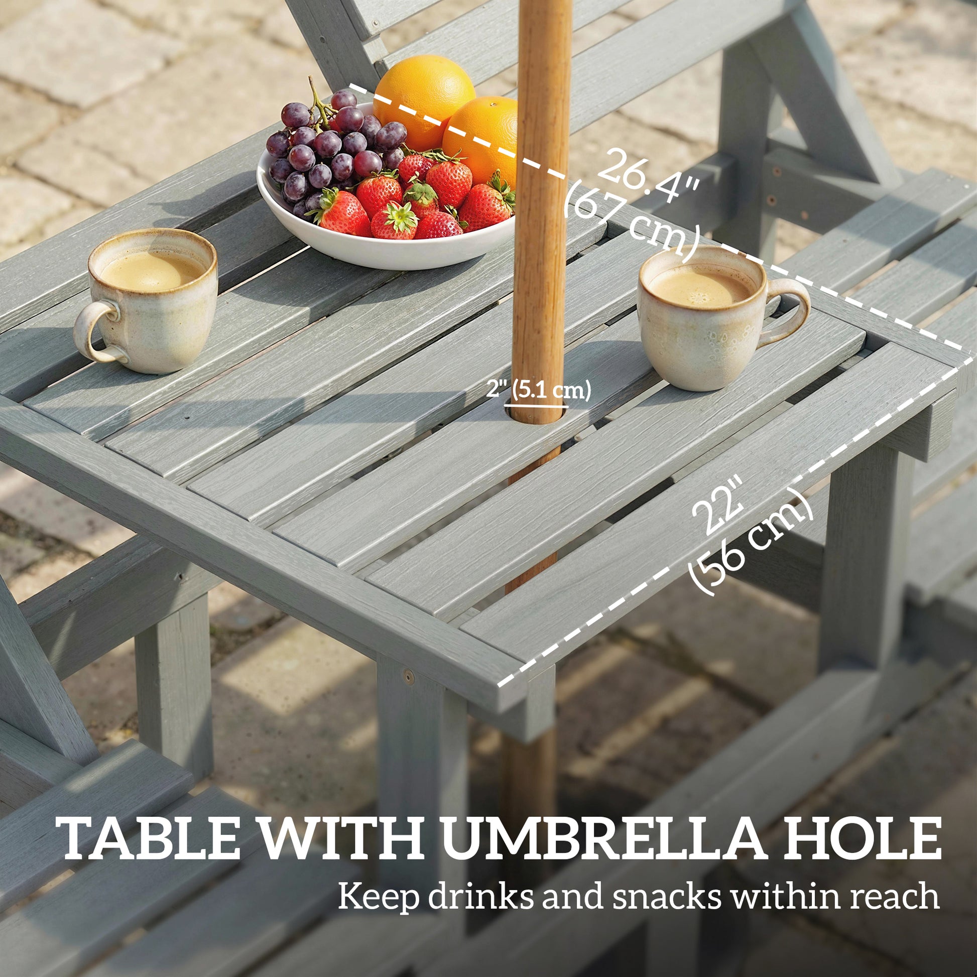 2-Seater Outdoor Wood Bench with Table and Wheels - Grey-DECOROLALA