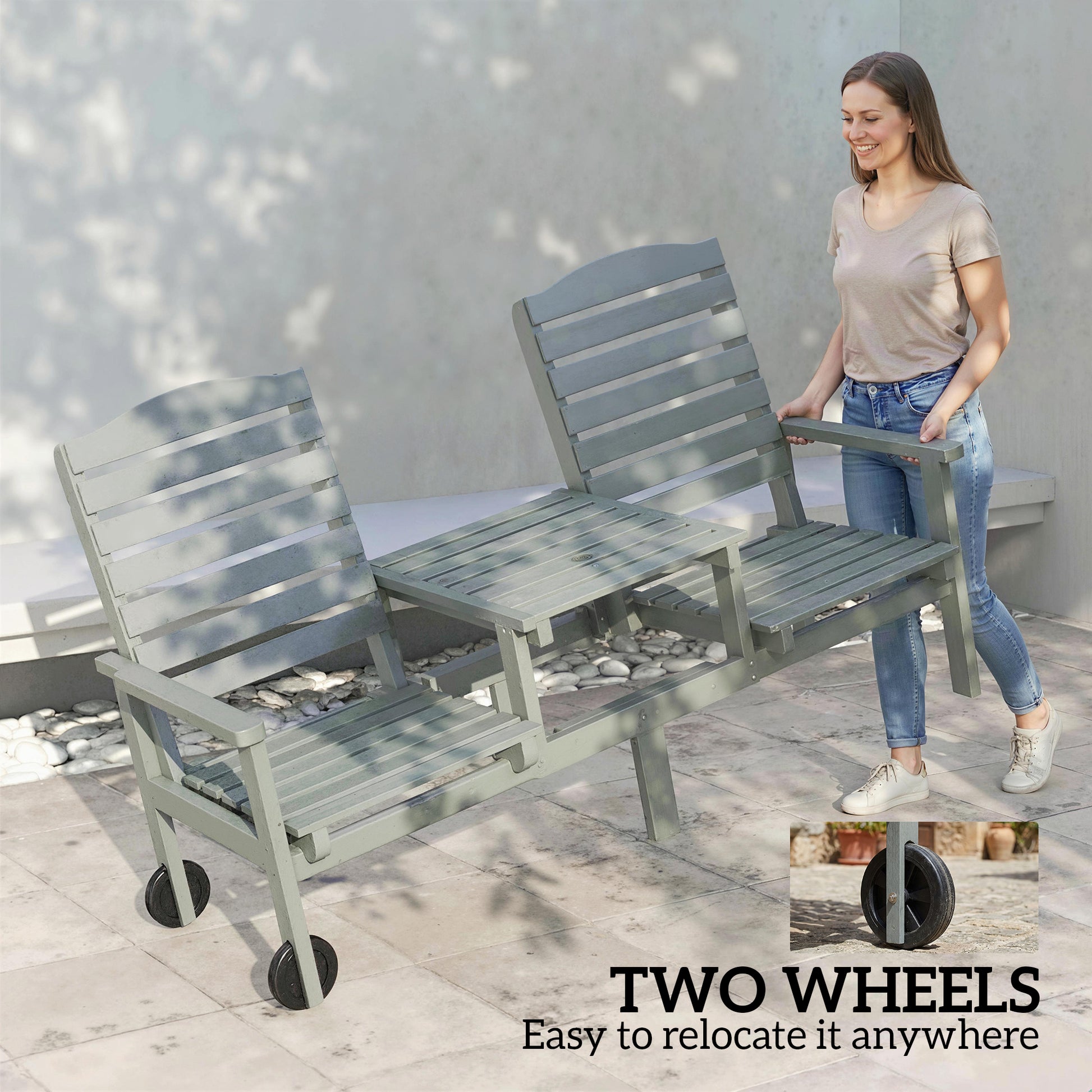 2-Seater Outdoor Wood Bench with Table and Wheels - Grey-DECOROLALA
