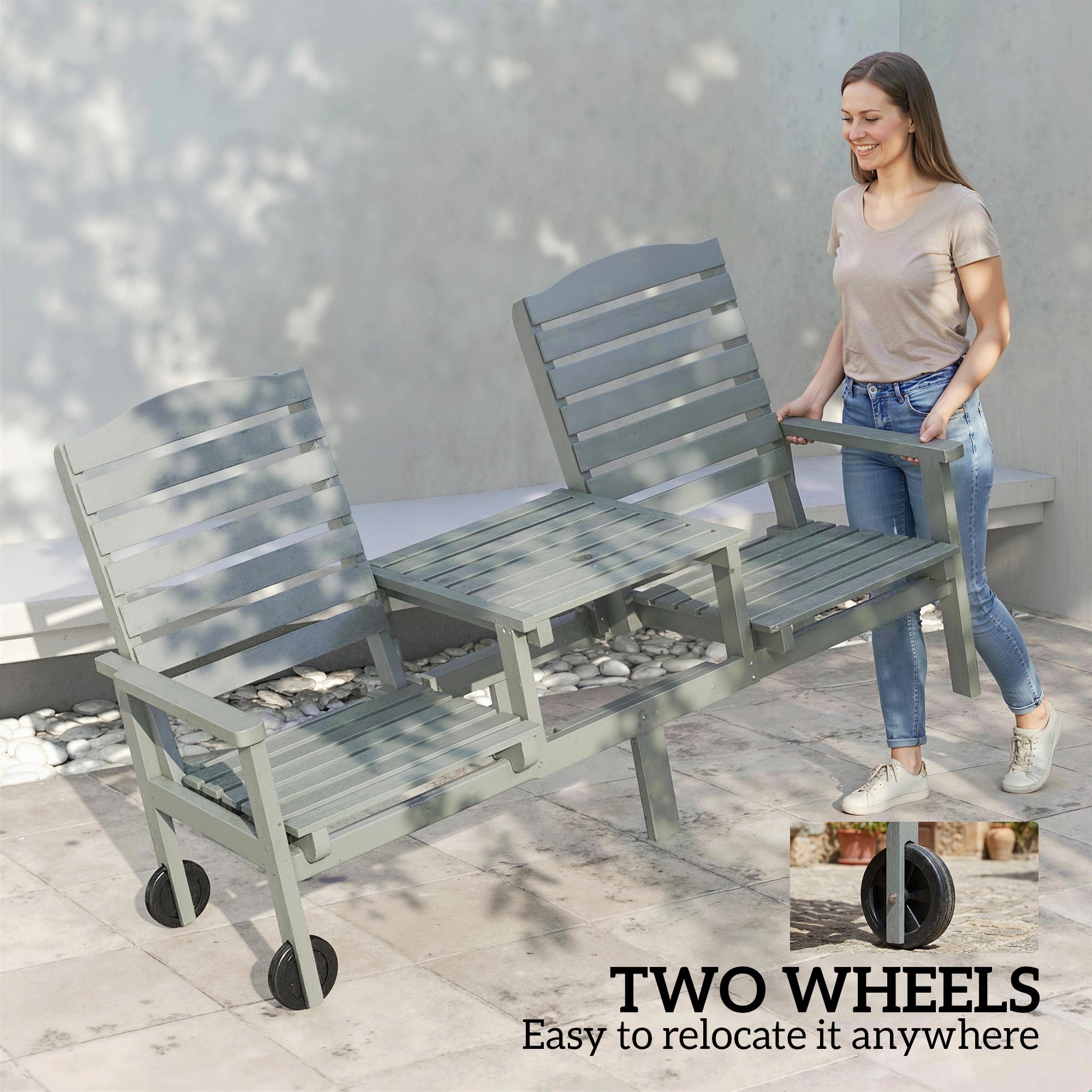 2-Seater Outdoor Wood Bench with Table and Wheels - Grey-DECOROLALA