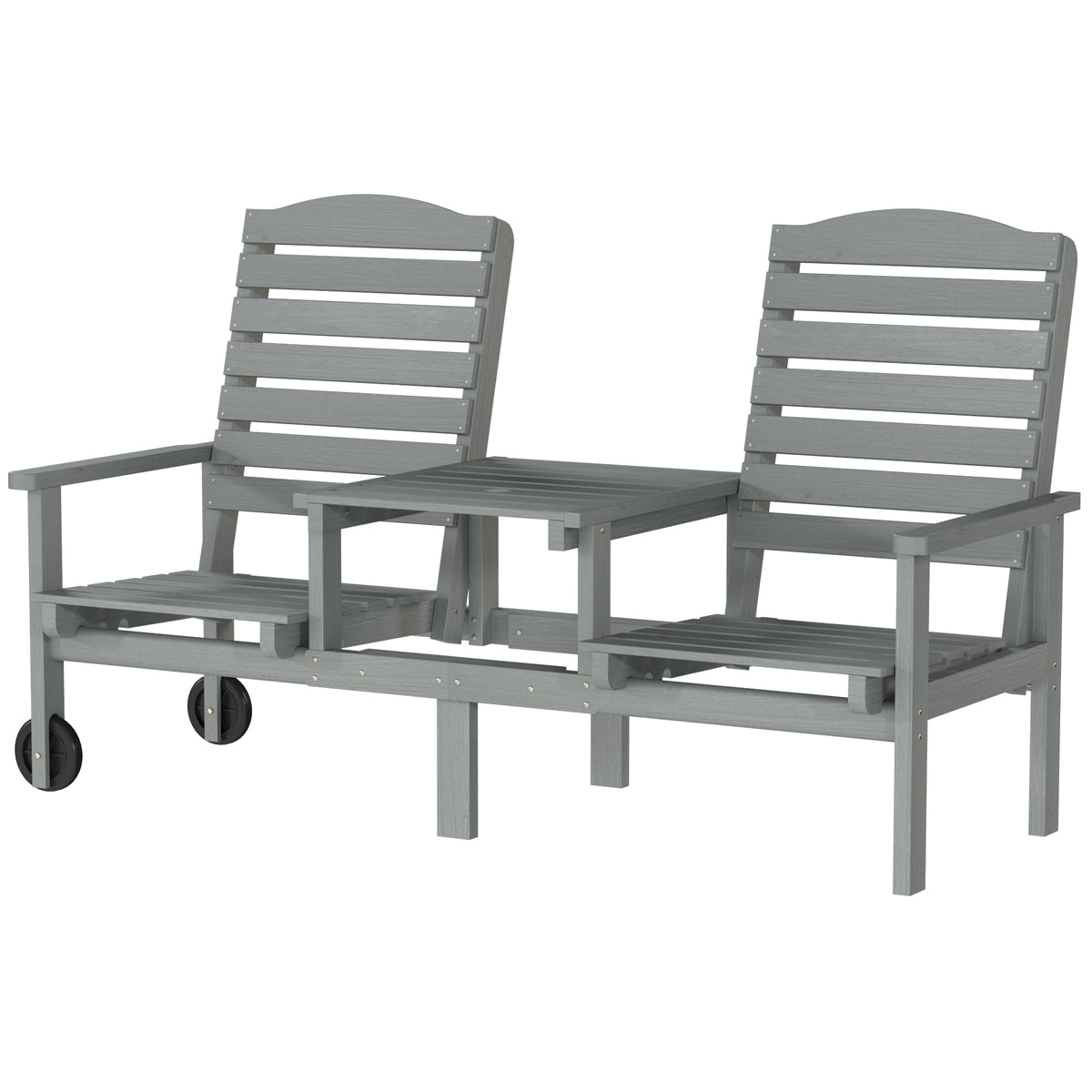 2-Seater Outdoor Wood Bench with Table and Wheels - Grey-Outdoor Benches-DECOROLALA