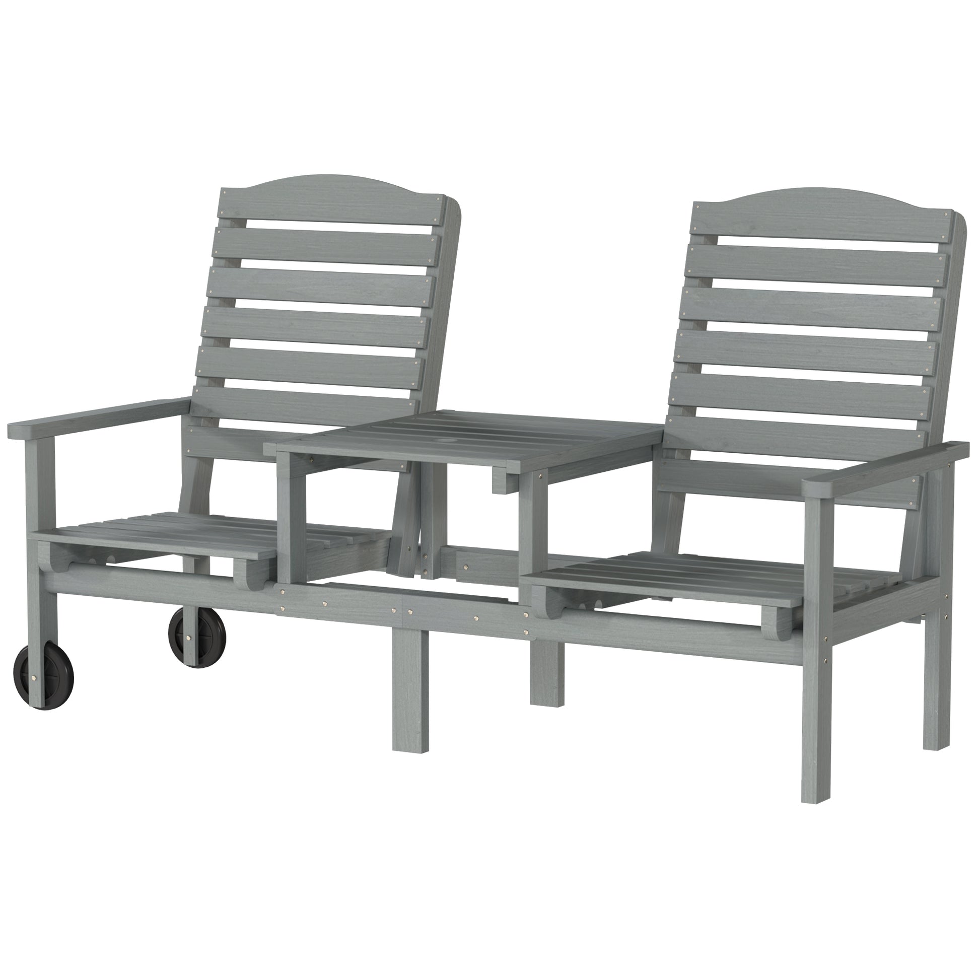 2-Seater Outdoor Wood Bench with Table and Wheels - Grey-DECOROLALA