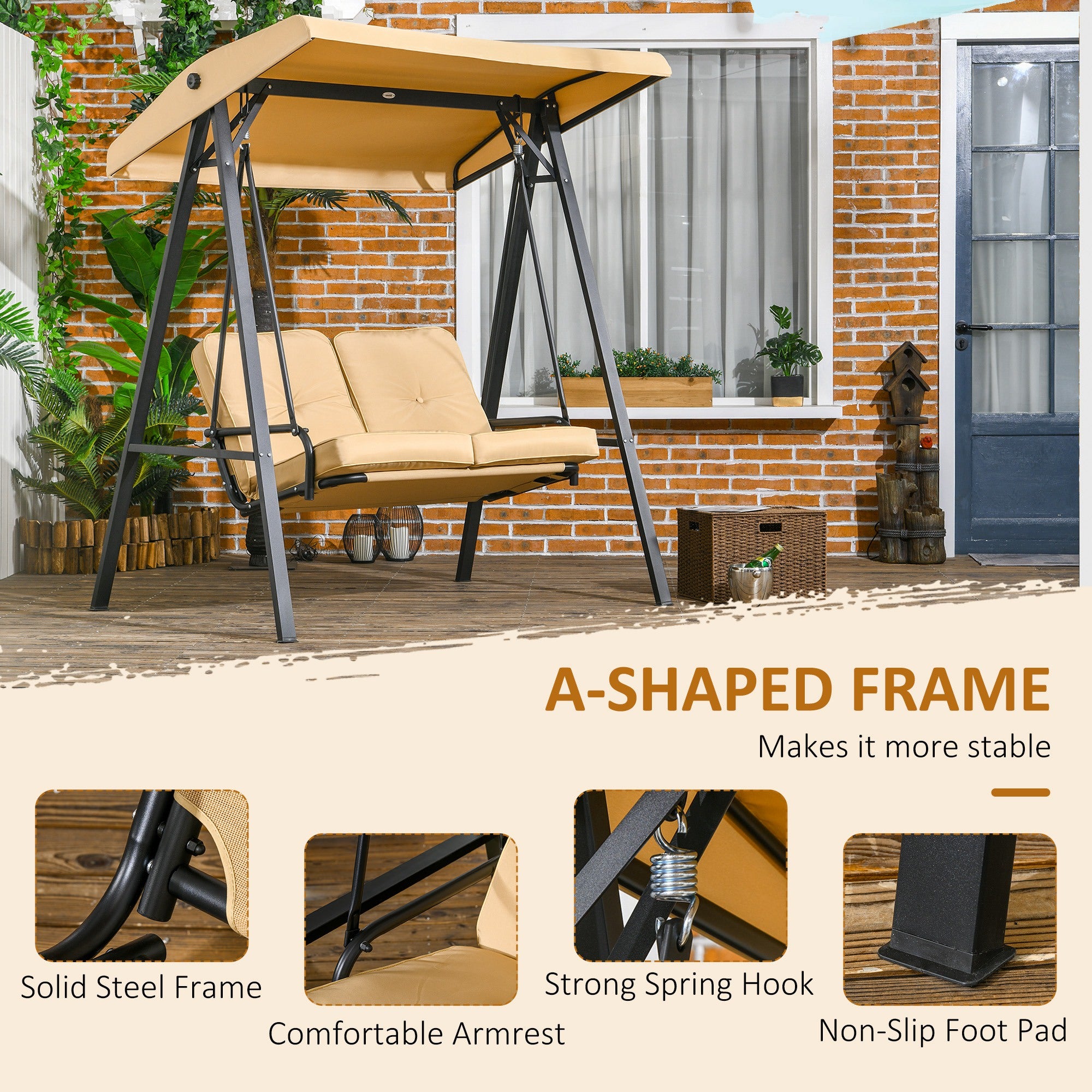 2-Seater Porch Swing - Beige Adjustable Canopy-DECOROLALA