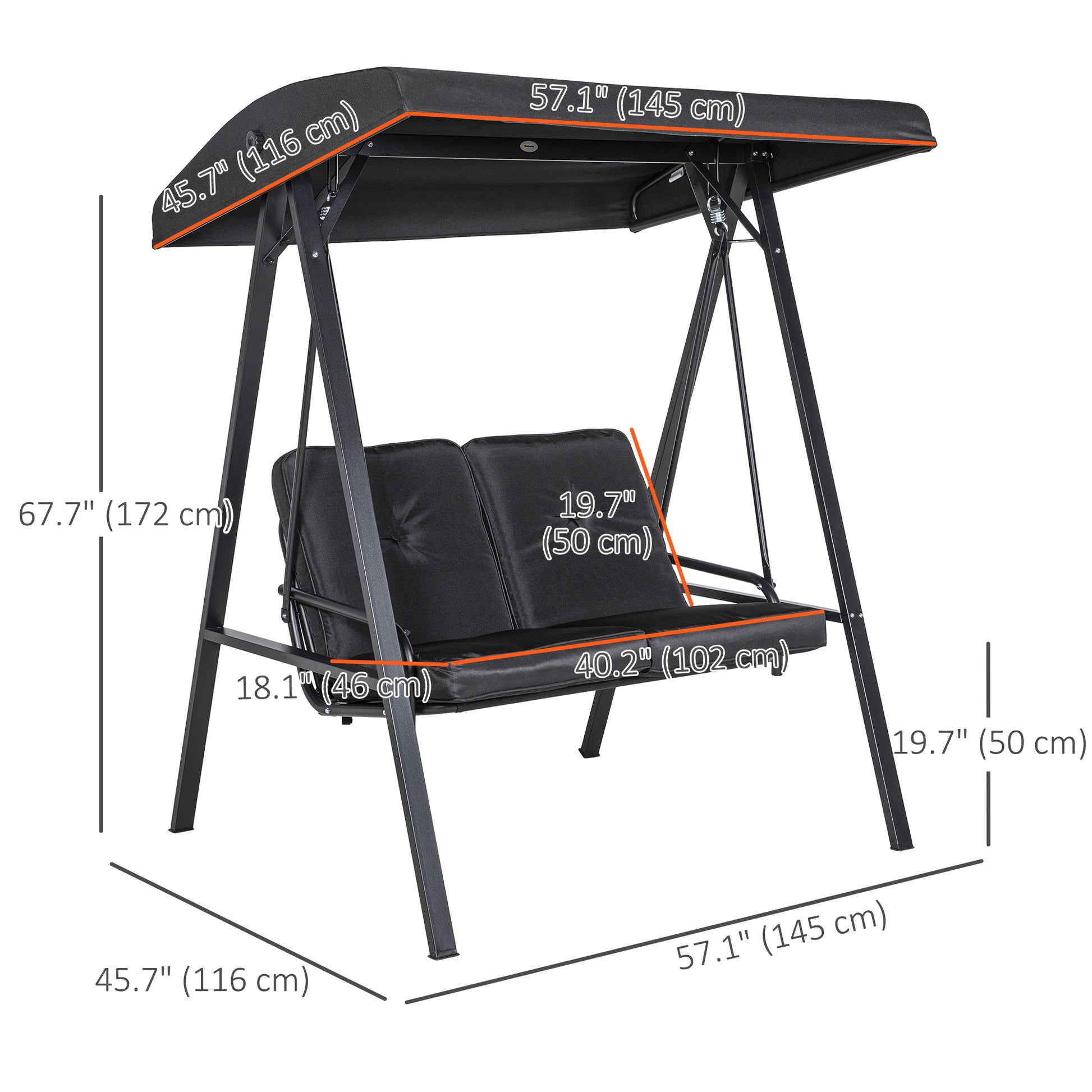 2-Seater Porch Swing - Black Adjustable Canopy-DECOROLALA