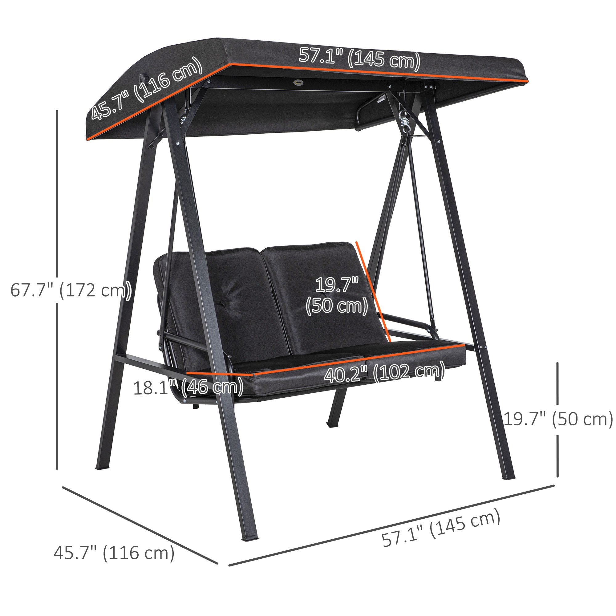 2-Seater Porch Swing - Black Adjustable Canopy-DECOROLALA