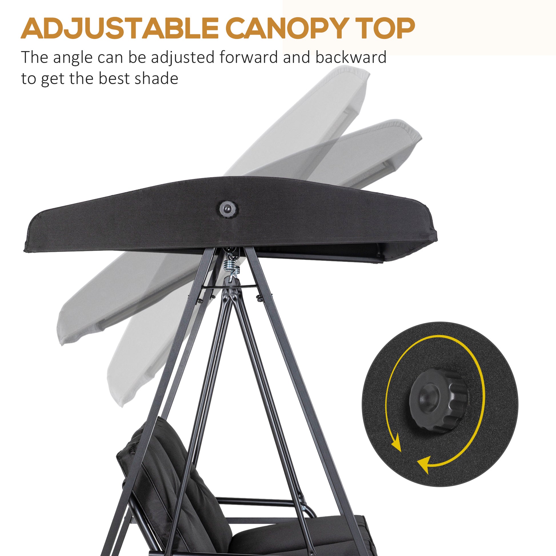 2-Seater Porch Swing - Black Adjustable Canopy-DECOROLALA