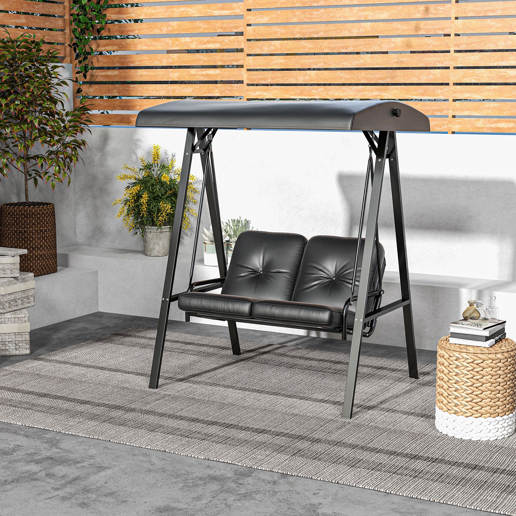 2-Seater Porch Swing - Black Adjustable Canopy-DECOROLALA