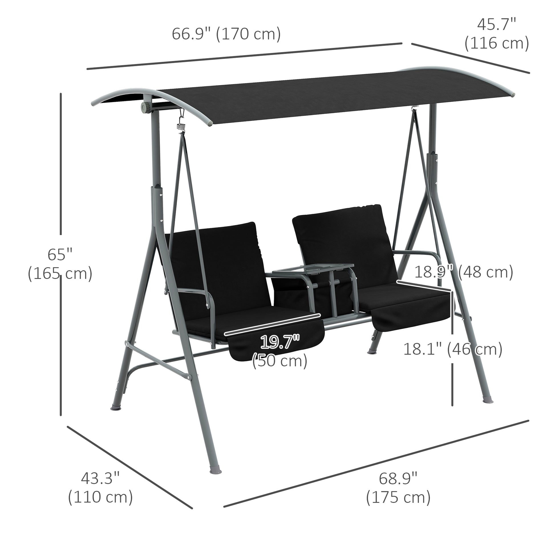 2-Seater Porch Swing Canopy Black-DECOROLALA