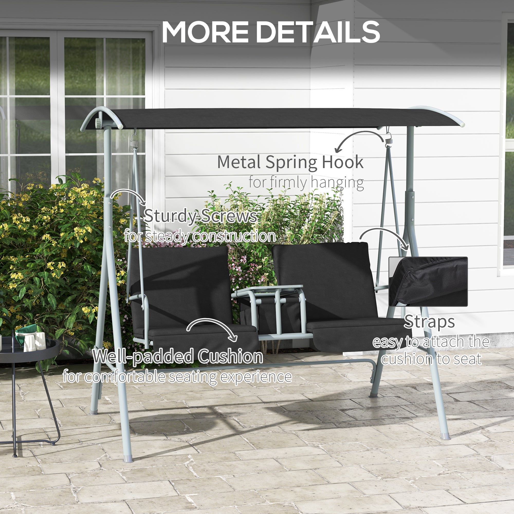 2-Seater Porch Swing Canopy Black-DECOROLALA