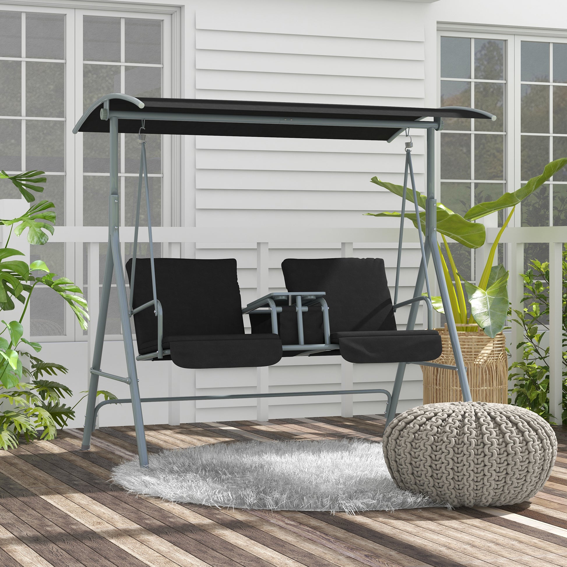 2-Seater Porch Swing Canopy Black-DECOROLALA