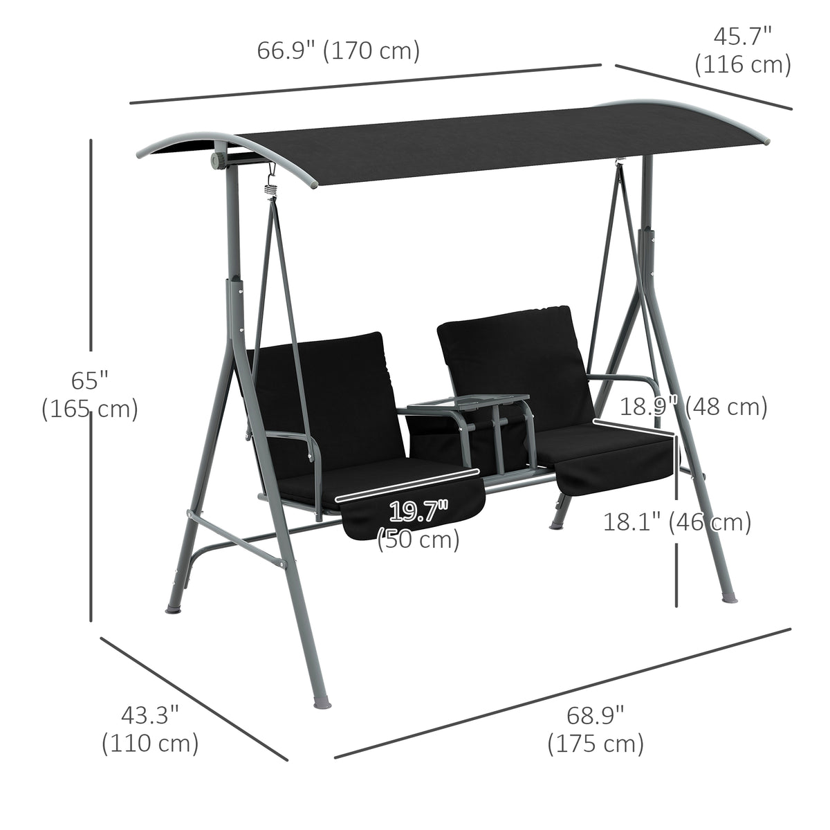 2-Seater Porch Swing Canopy Black-Canopy Porch Swings-DECOROLALA