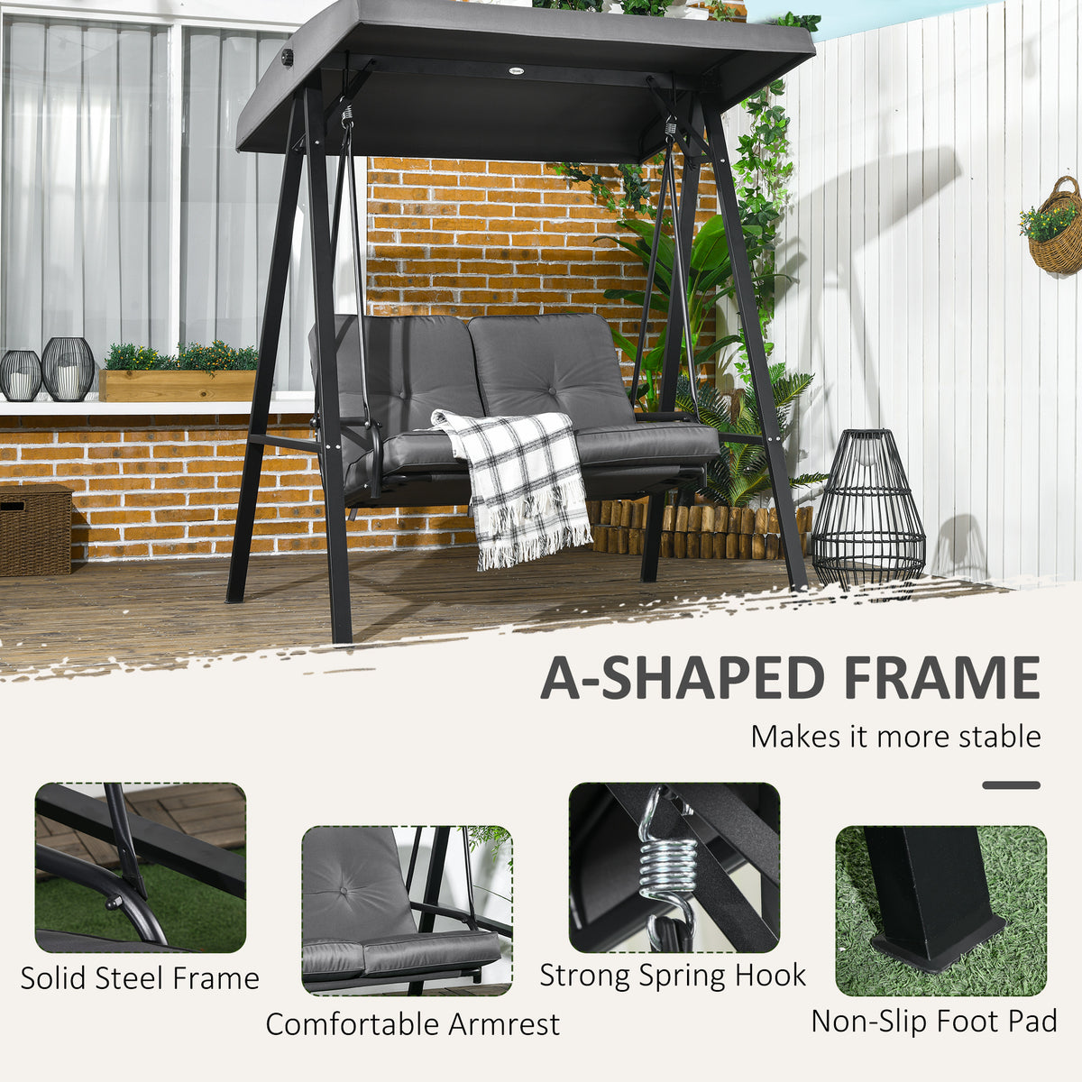 2-Seater Porch Swing Canopy Dark Grey 57"-Canopy Porch Swings-DECOROLALA