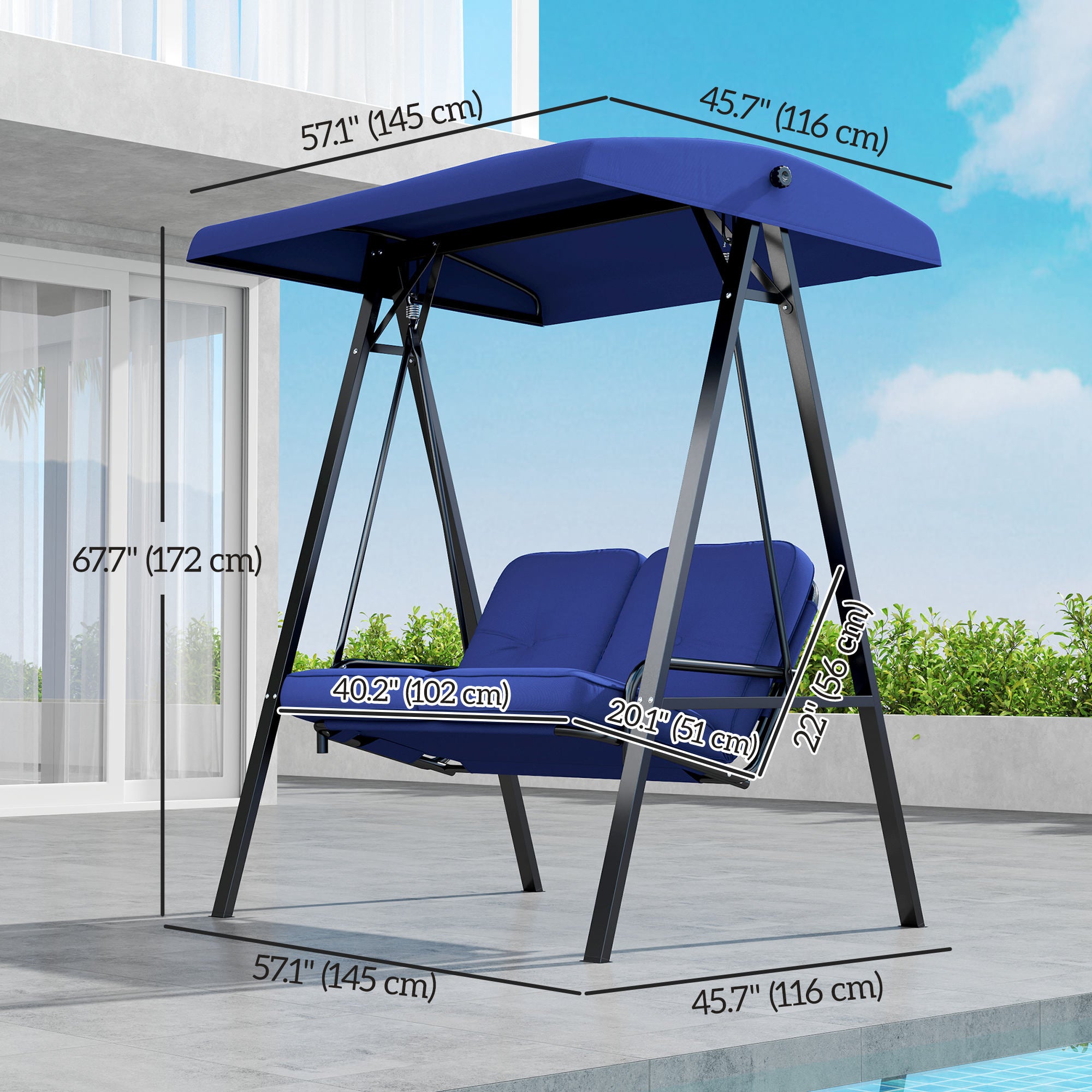 2-Seater Porch Swing - Dark Blue Canopy-DECOROLALA