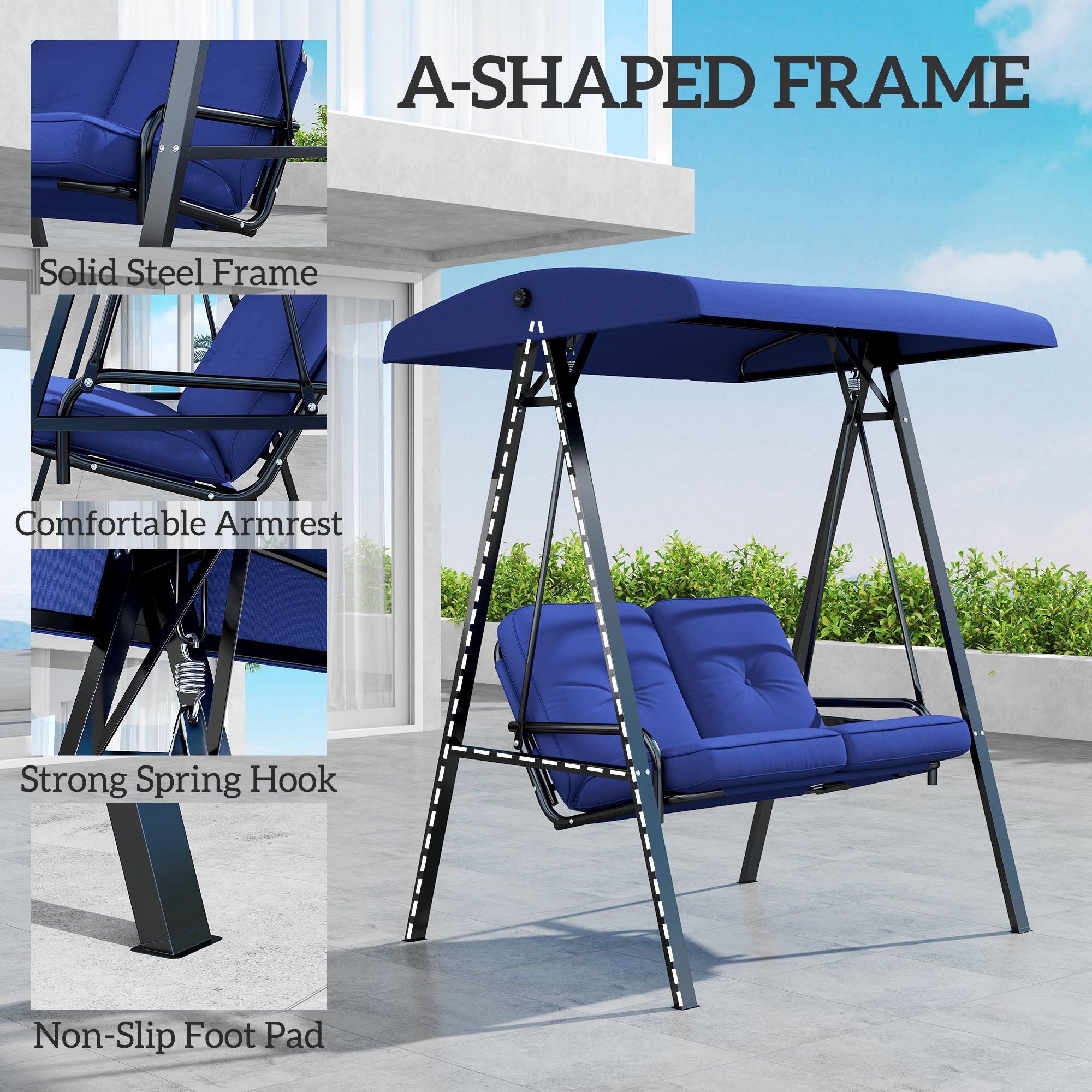 2-Seater Porch Swing - Dark Blue Canopy-DECOROLALA