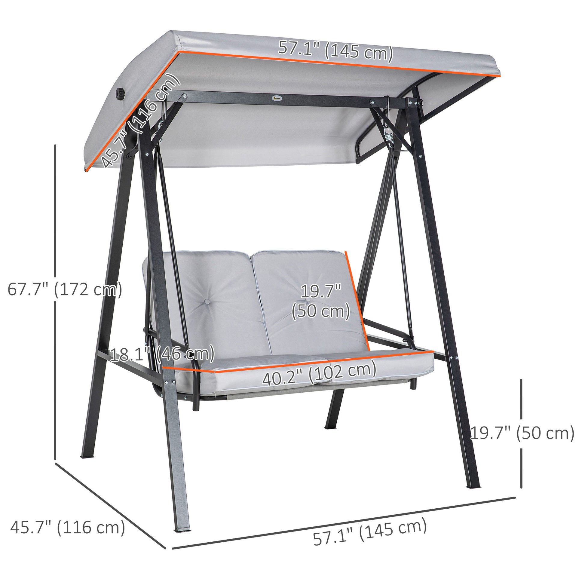 2-Seater Porch Swing - Grey Adjustable Canopy-DECOROLALA