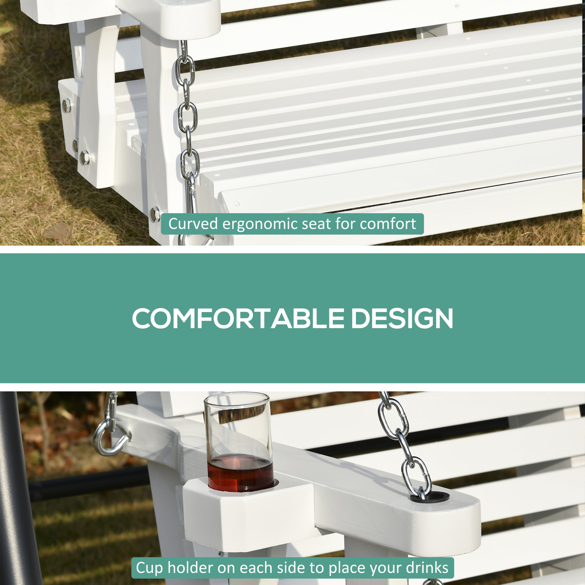2 Seater Porch Swing - White Fir Wood with Cup Holders-DECOROLALA