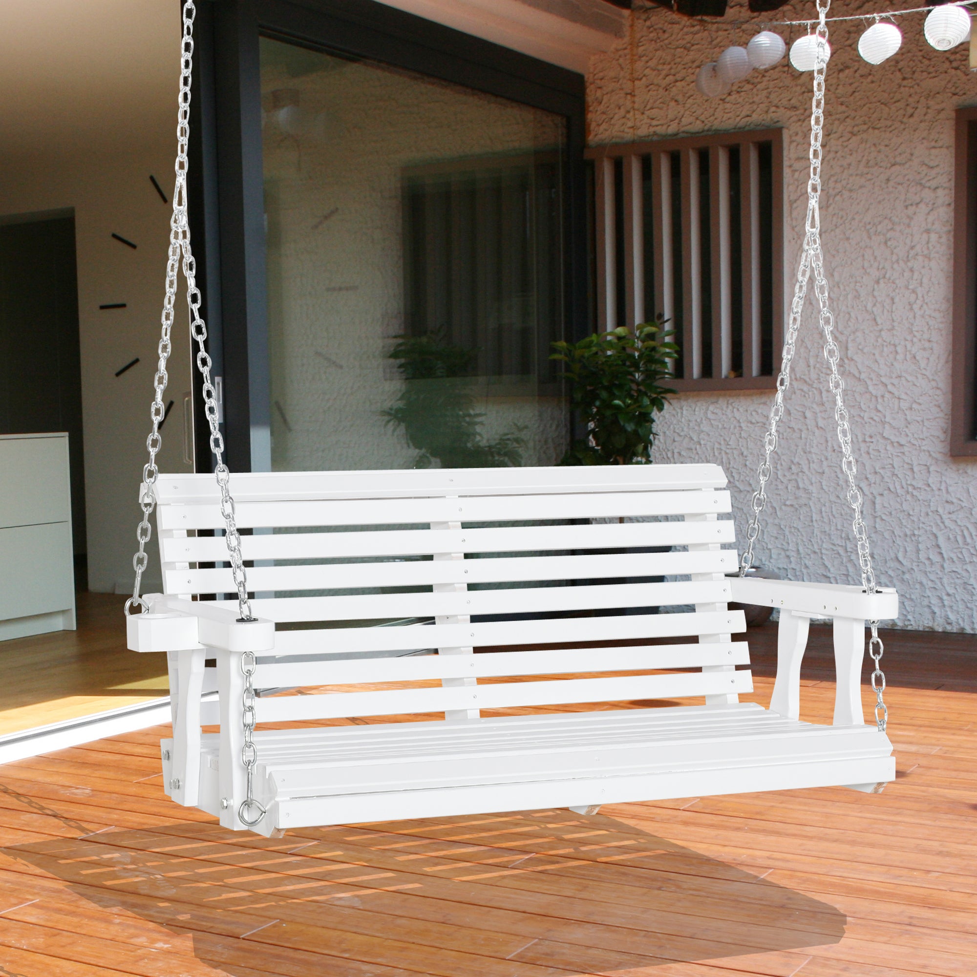 2 Seater Porch Swing - White Fir Wood with Cup Holders-DECOROLALA
