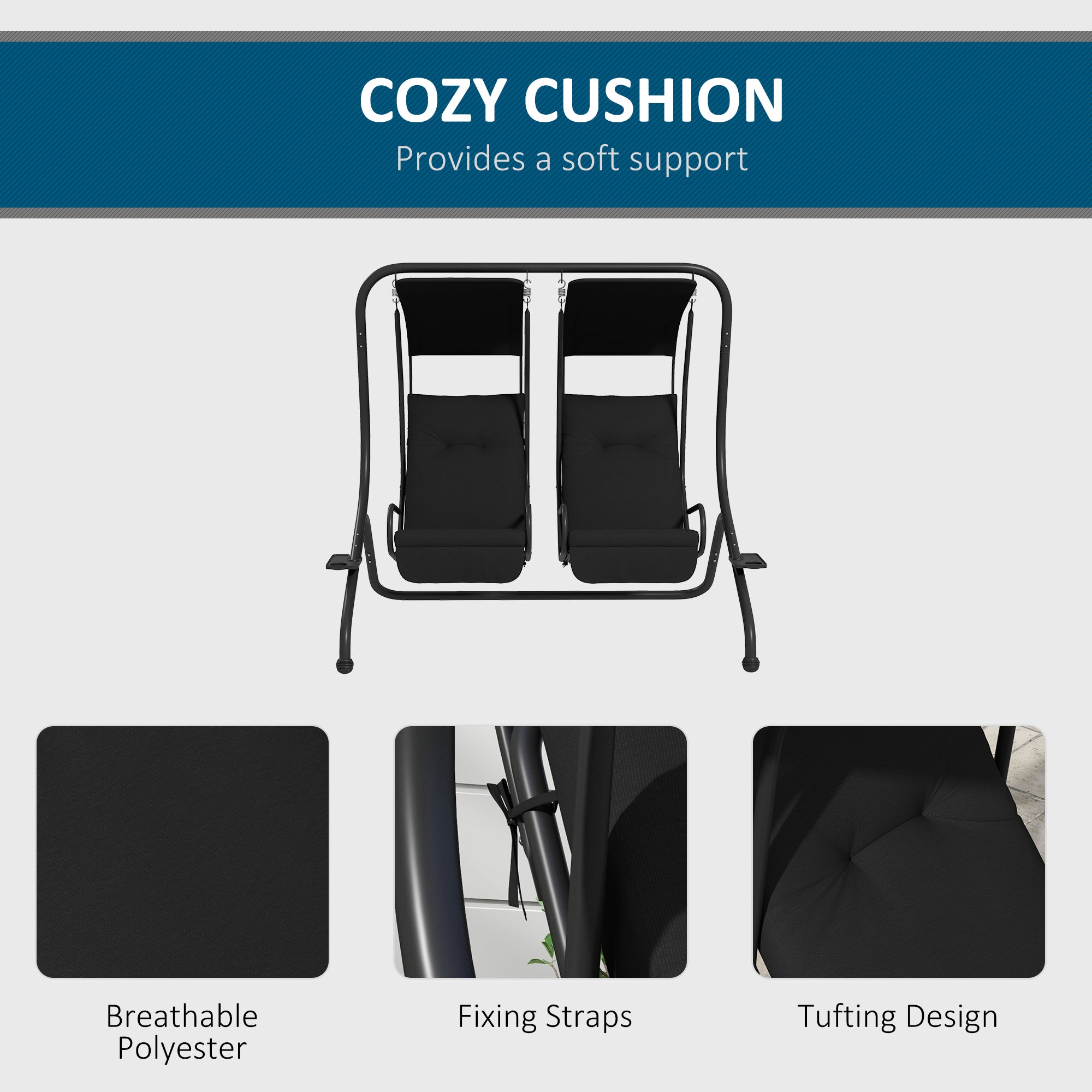 2-Seater Porch Swing with Canopy - Black Steel-DECOROLALA