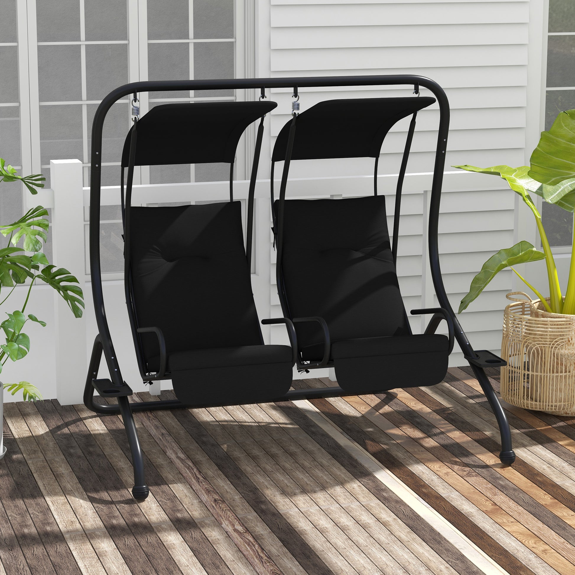 2-Seater Porch Swing with Canopy - Black Steel-DECOROLALA