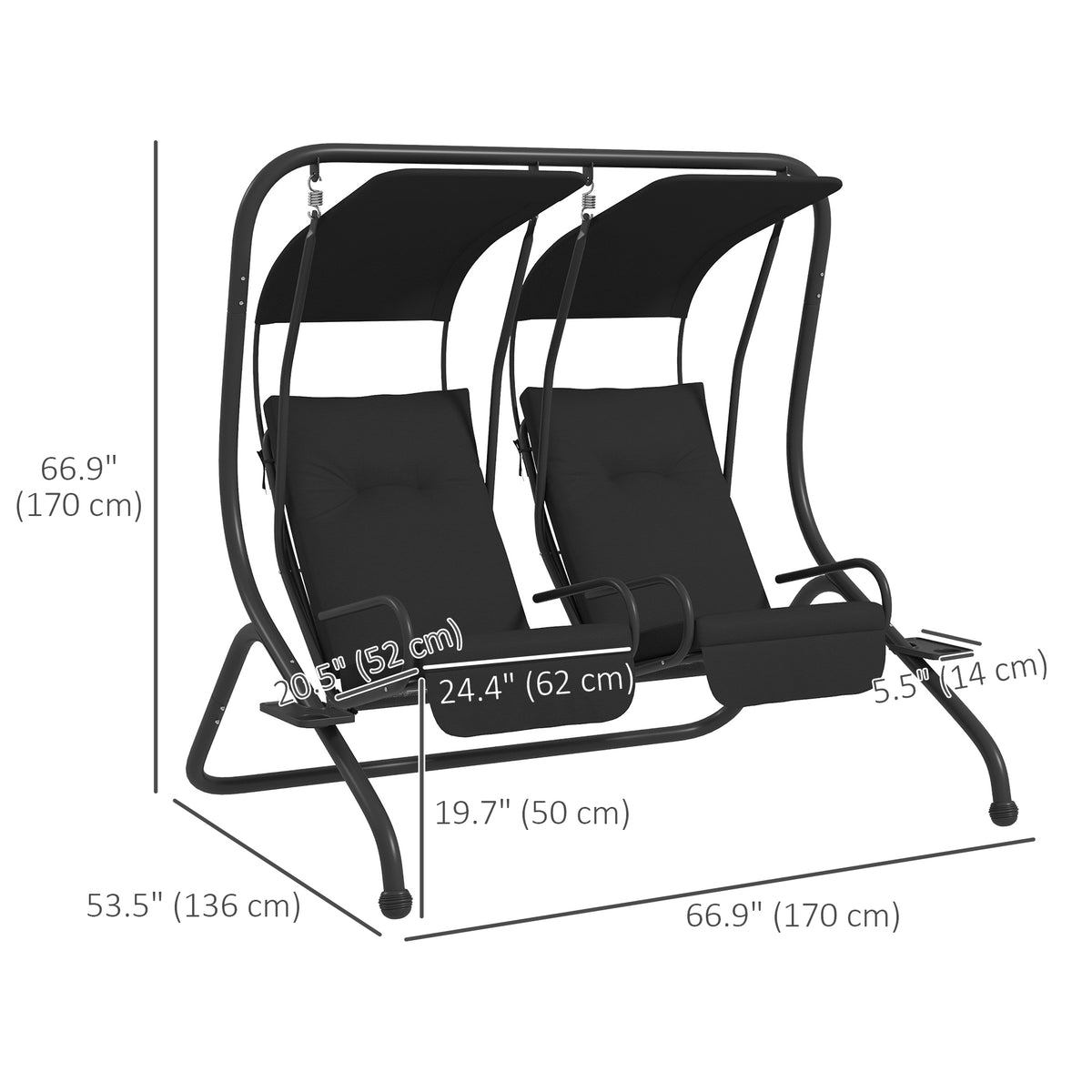 2-Seater Porch Swing with Canopy - Black Steel-Canopy Porch Swings-DECOROLALA