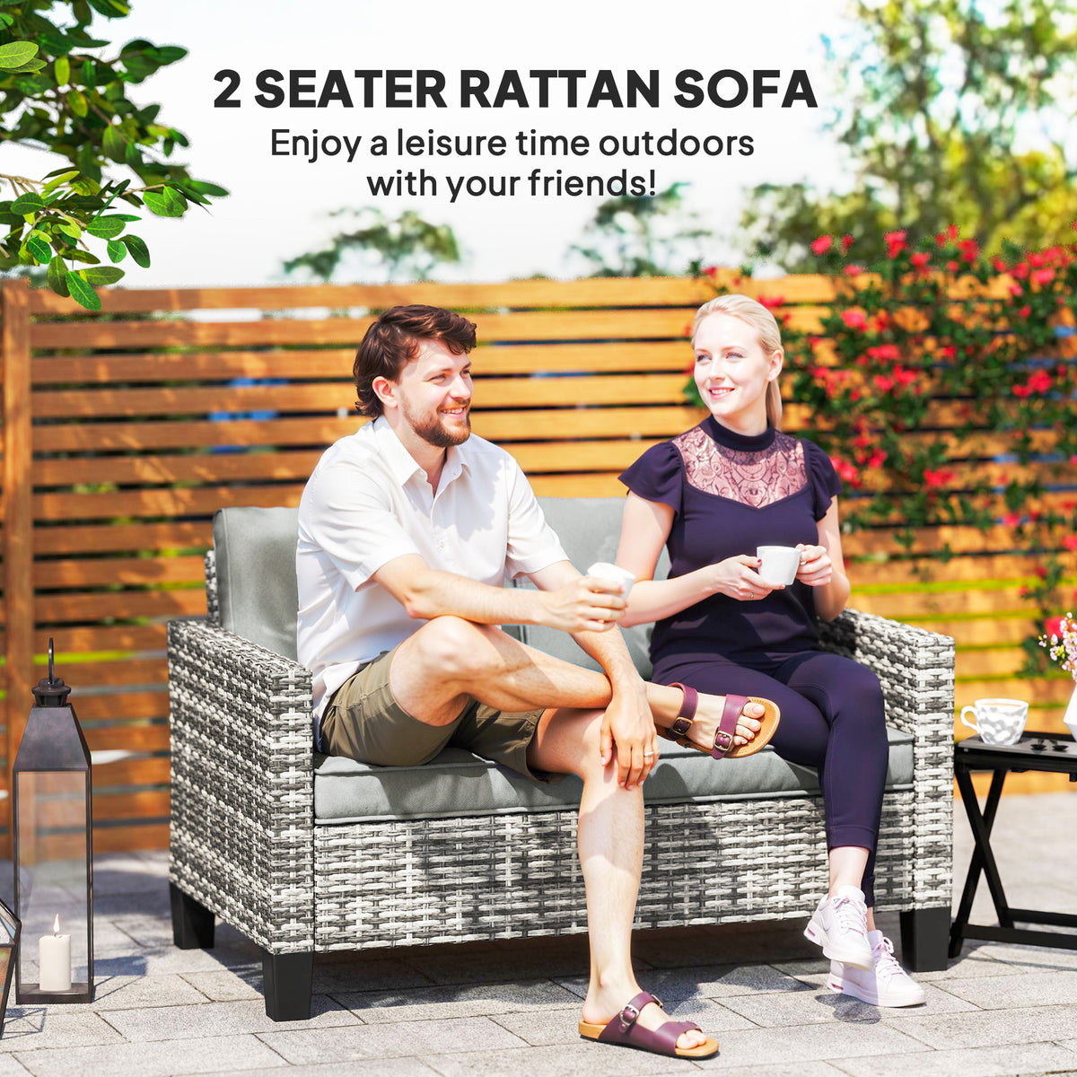 2 Seater Rattan Patio Sofa - Dark Grey-Outdoor Furniture-DECOROLALA