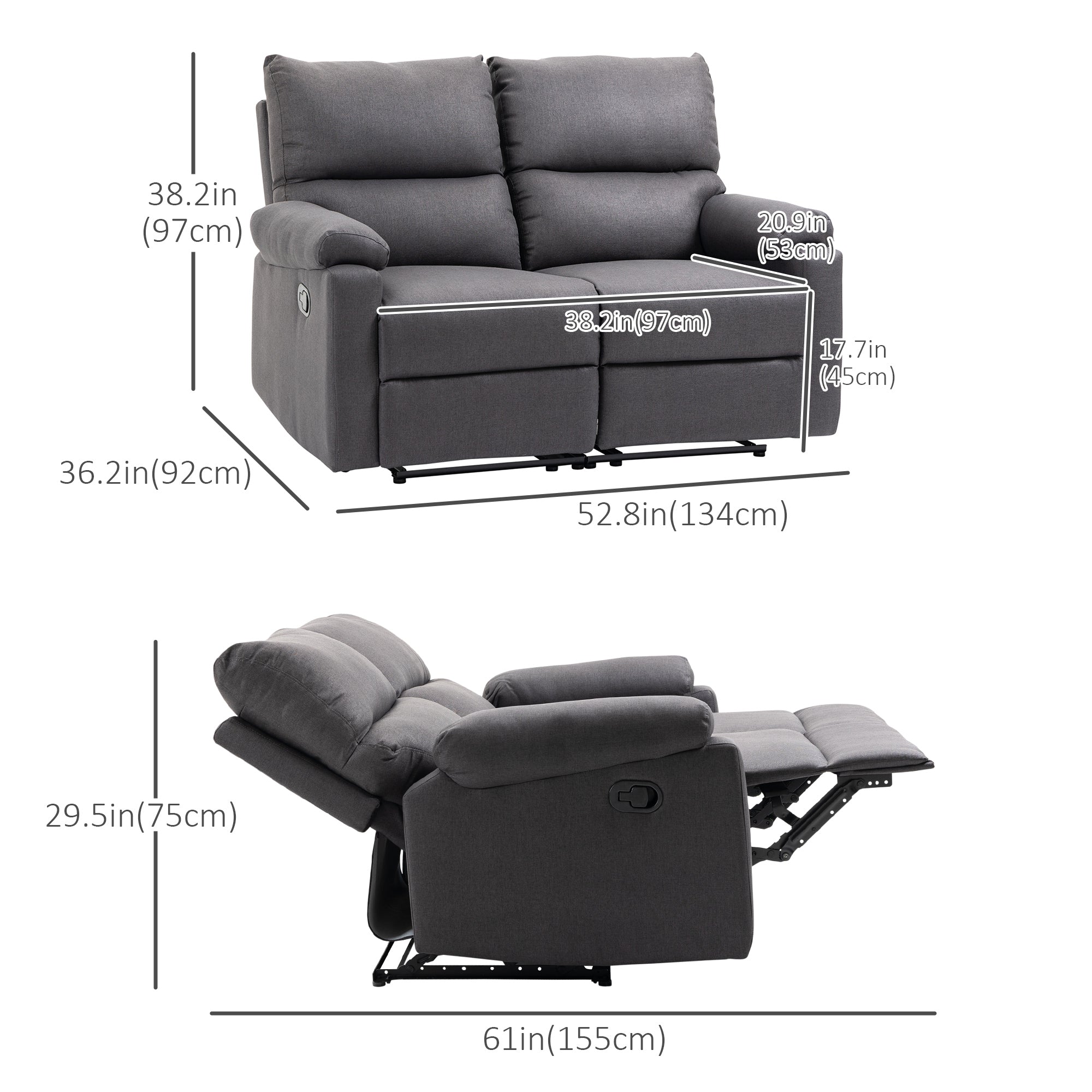 2 Seater Reclining Loveseat - Dark Grey Footrest-DECOROLALA