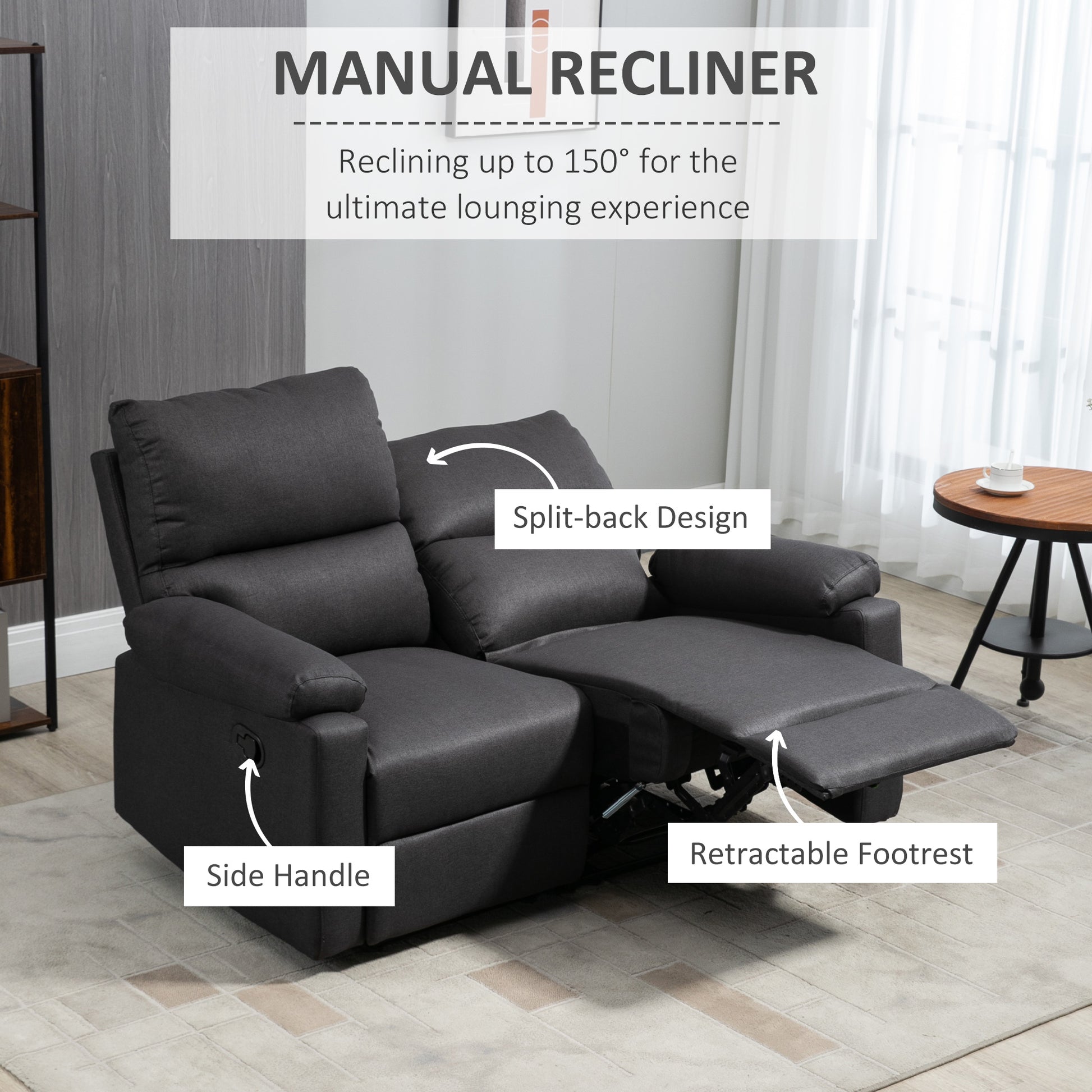 2 Seater Reclining Loveseat - Dark Grey Footrest-DECOROLALA