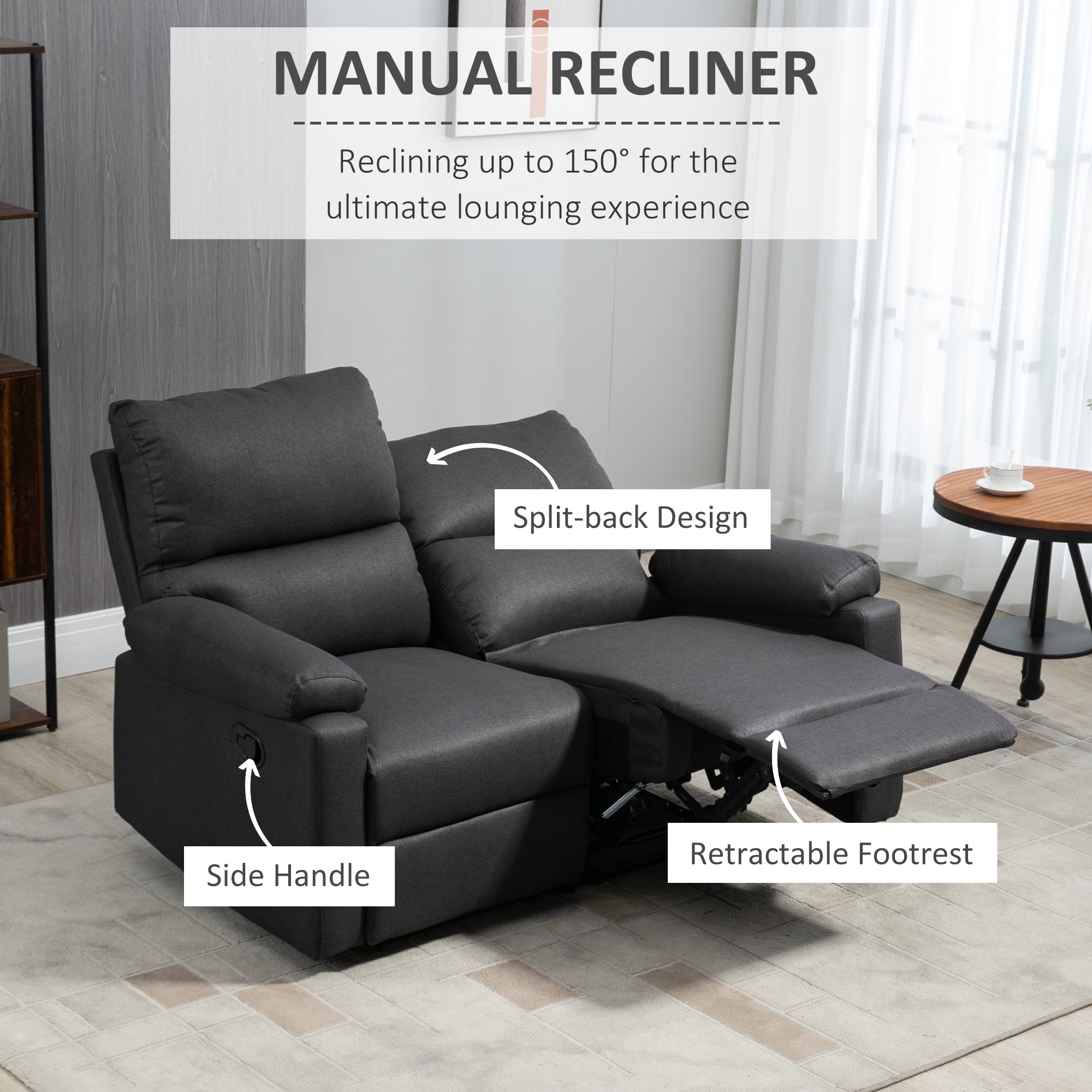 2 Seater Reclining Loveseat - Dark Grey Footrest-DECOROLALA