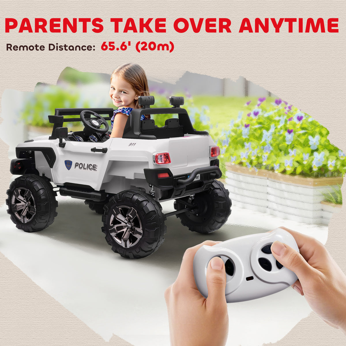 2-Seater Ride on Truck, 12V 7AH Big Battery Powered Police Car for Kids with Remote Control, 4 Shock Absorbers, Soft Start, MP3, LED Lights, Big Wheels, Storage-Toys & Games > Baby & Toddler Toys > Electric Ride-On Toys > Electric Toy Cars-DECOROLALA
