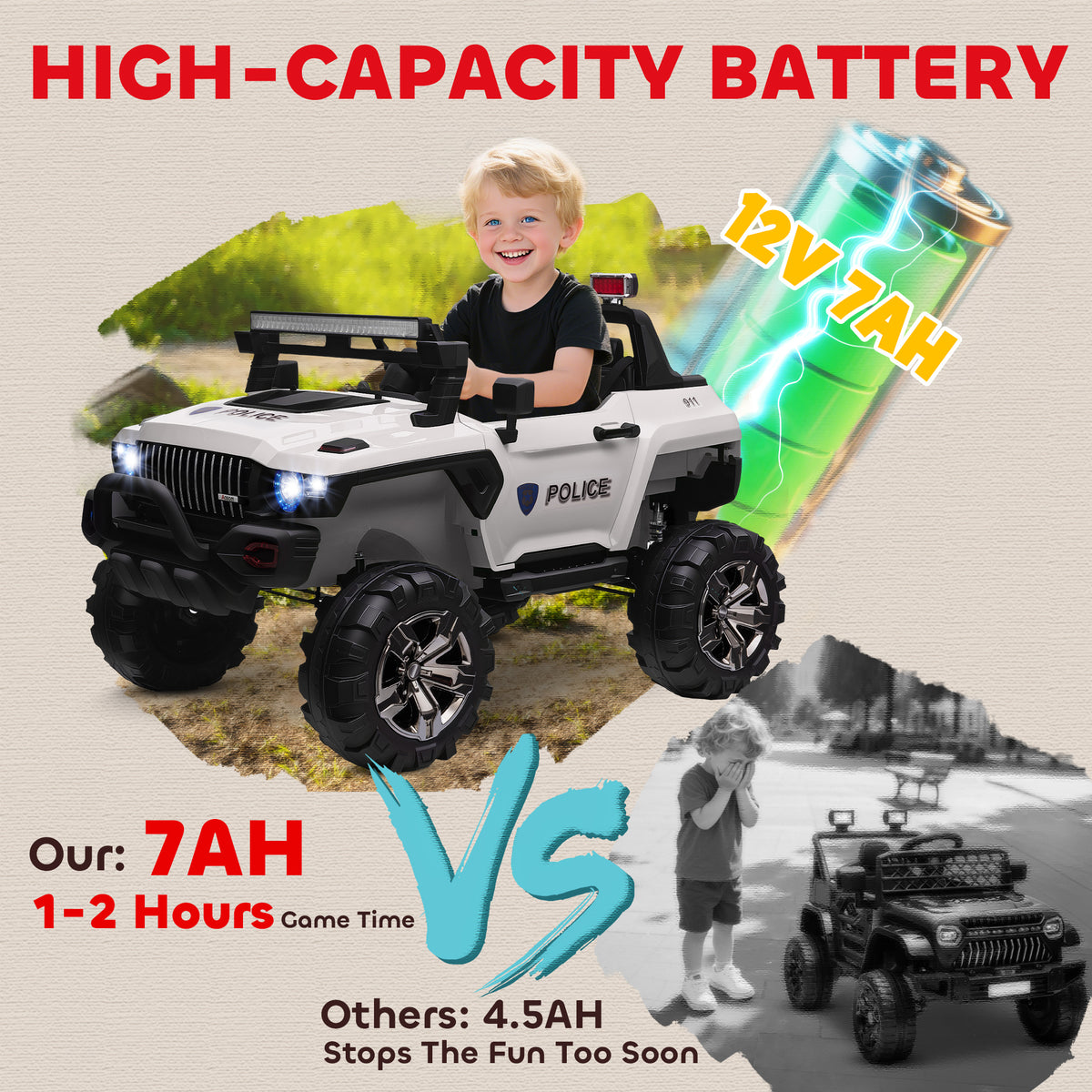 2-Seater Ride on Truck, 12V 7AH Big Battery Powered Police Car for Kids with Remote Control, 4 Shock Absorbers, Soft Start, MP3, LED Lights, Big Wheels, Storage-Toys & Games > Baby & Toddler Toys > Electric Ride-On Toys > Electric Toy Cars-DECOROLALA