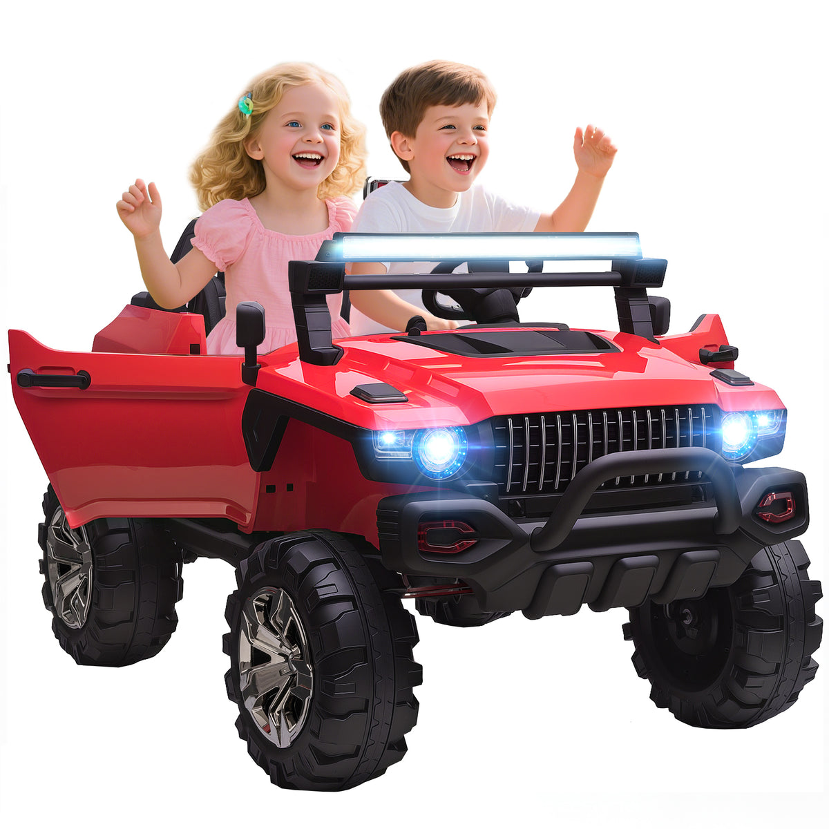 2-Seater Ride on Truck, 12V 7AH Big Battery Powered Police Car for Kids with Remote Control, 4 Shock Absorbers, Soft Start, MP3, LED Lights, Big Wheels, Storage-Toys & Games > Baby & Toddler Toys > Electric Ride-On Toys > Electric Toy Cars-DECOROLALA