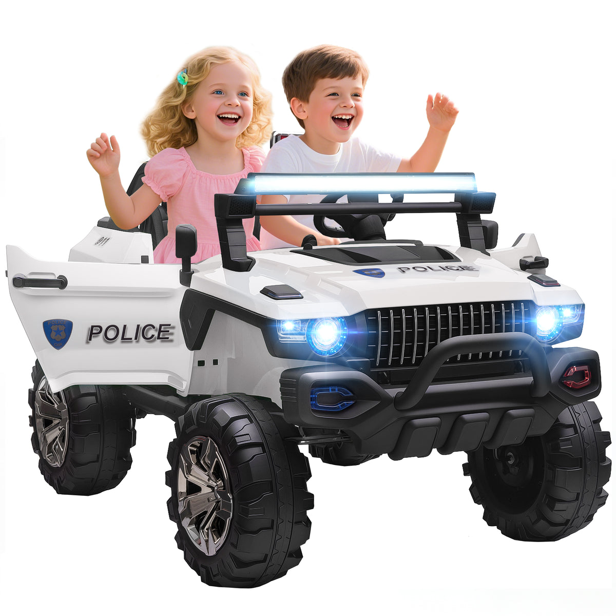 2-Seater Ride on Truck, 12V 7AH Big Battery Powered Police Car for Kids with Remote Control, 4 Shock Absorbers, Soft Start, MP3, LED Lights, Big Wheels, Storage-Toys & Games > Baby & Toddler Toys > Electric Ride-On Toys > Electric Toy Cars-DECOROLALA