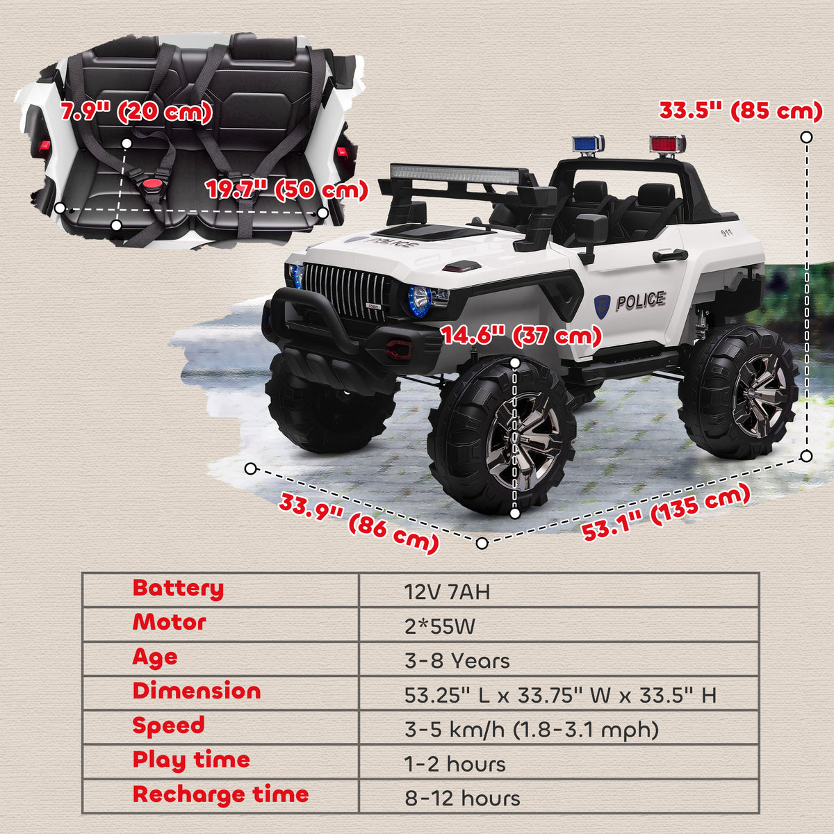 2-Seater Ride on Truck, 12V 7AH Big Battery Powered Police Car for Kids with Remote Control, 4 Shock Absorbers, Soft Start, MP3, LED Lights, Big Wheels, Storage-Toys & Games > Baby & Toddler Toys > Electric Ride-On Toys > Electric Toy Cars-DECOROLALA