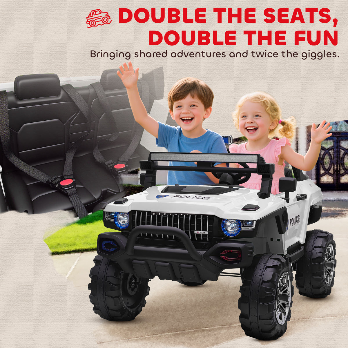 2-Seater Ride on Truck, 12V 7AH Big Battery Powered Police Car for Kids with Remote Control, 4 Shock Absorbers, Soft Start, MP3, LED Lights, Big Wheels, Storage-Toys & Games > Baby & Toddler Toys > Electric Ride-On Toys > Electric Toy Cars-DECOROLALA