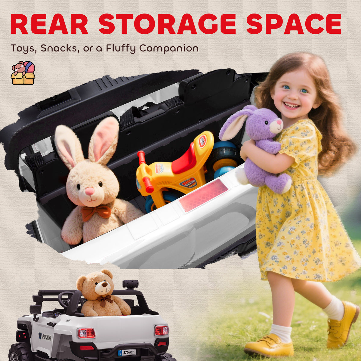 2-Seater Ride on Truck, 12V 7AH Big Battery Powered Police Car for Kids with Remote Control, 4 Shock Absorbers, Soft Start, MP3, LED Lights, Big Wheels, Storage-Toys & Games > Baby & Toddler Toys > Electric Ride-On Toys > Electric Toy Cars-DECOROLALA