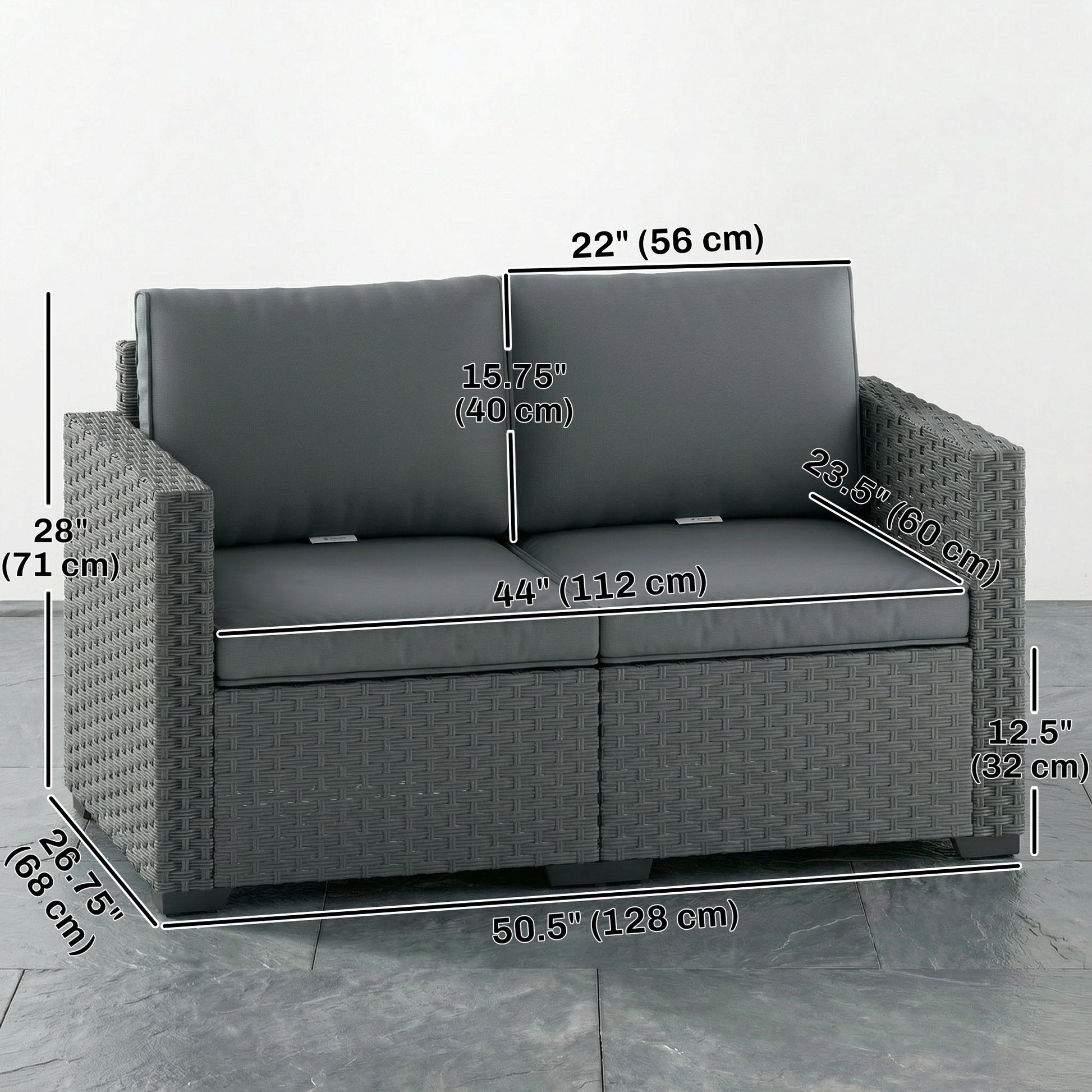 2 Seater Wicker Outdoor Loveseat - Dark Grey 50" Wide-DECOROLALA