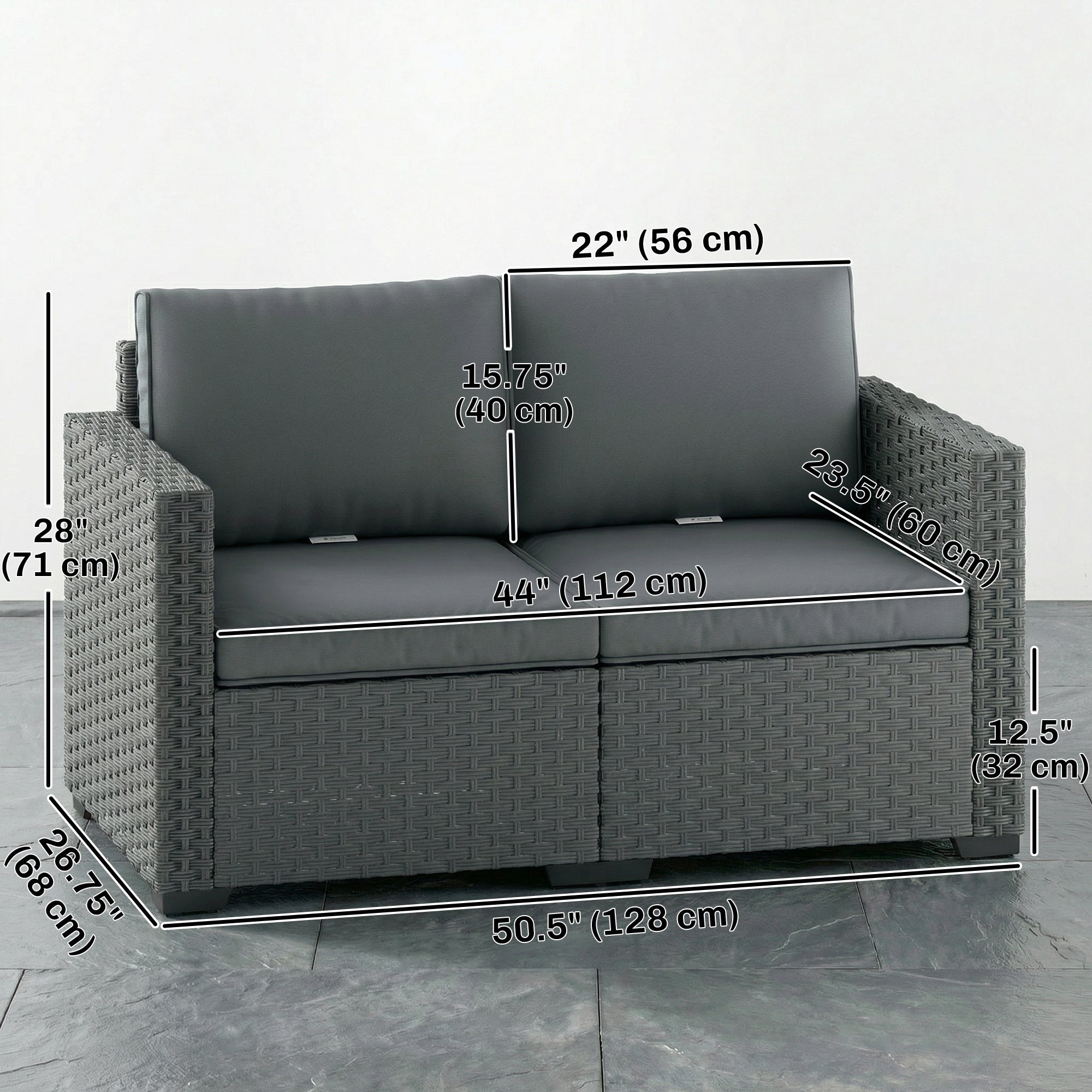2 Seater Wicker Outdoor Loveseat - Dark Grey 50" Wide-DECOROLALA