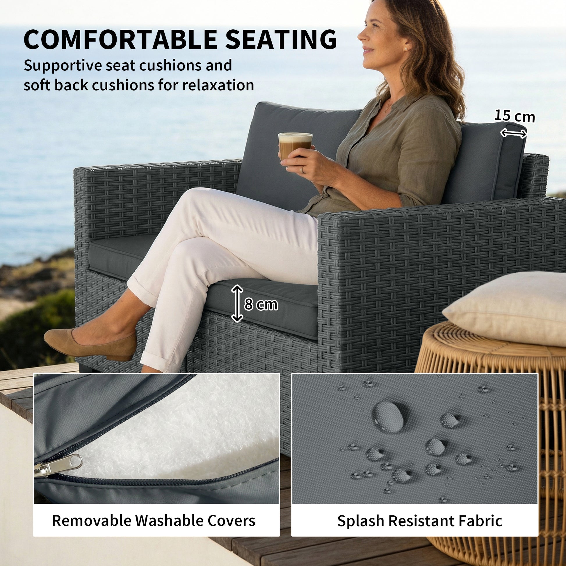 2 Seater Wicker Outdoor Loveseat - Dark Grey 50" Wide-DECOROLALA