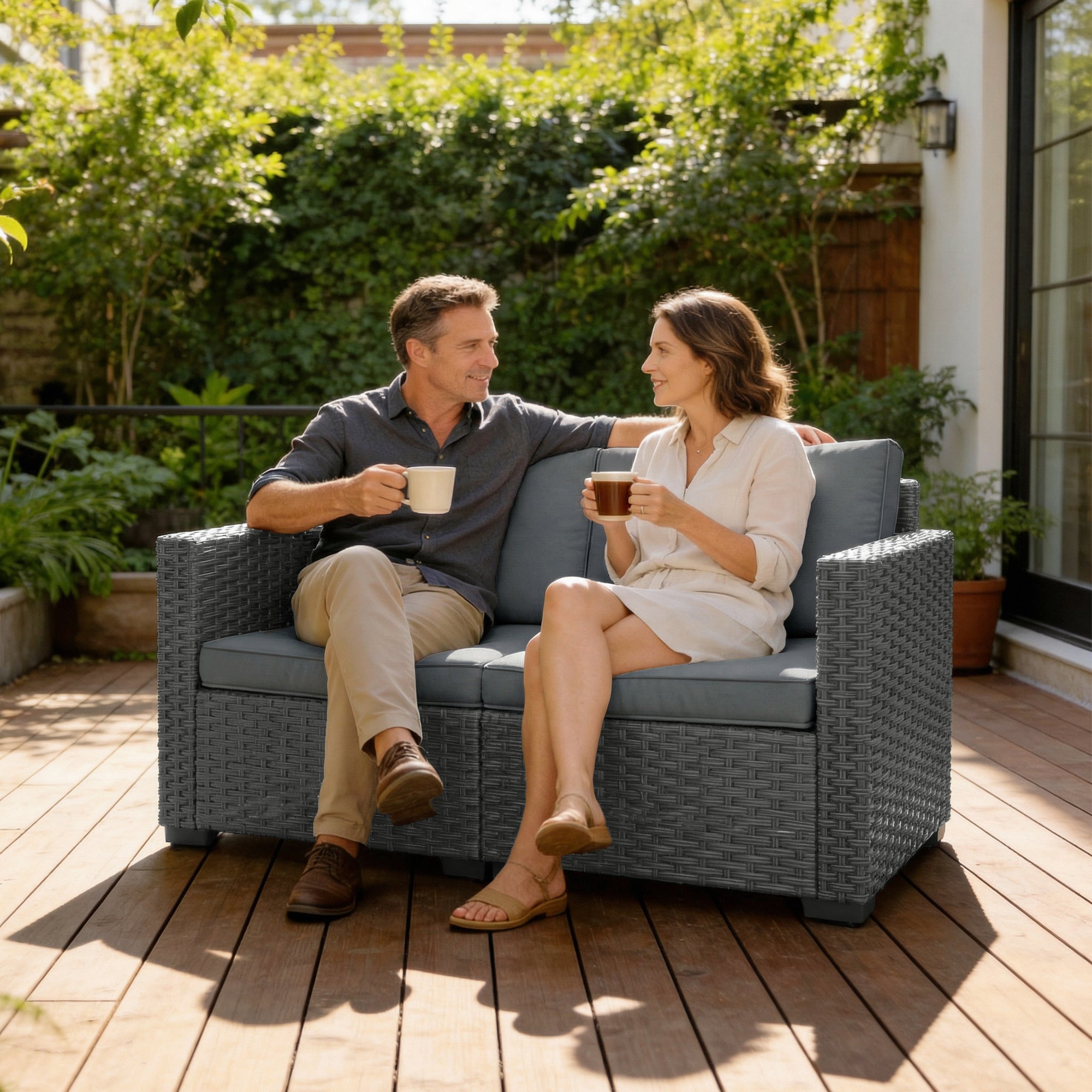2 Seater Wicker Outdoor Loveseat - Dark Grey 50" Wide-DECOROLALA