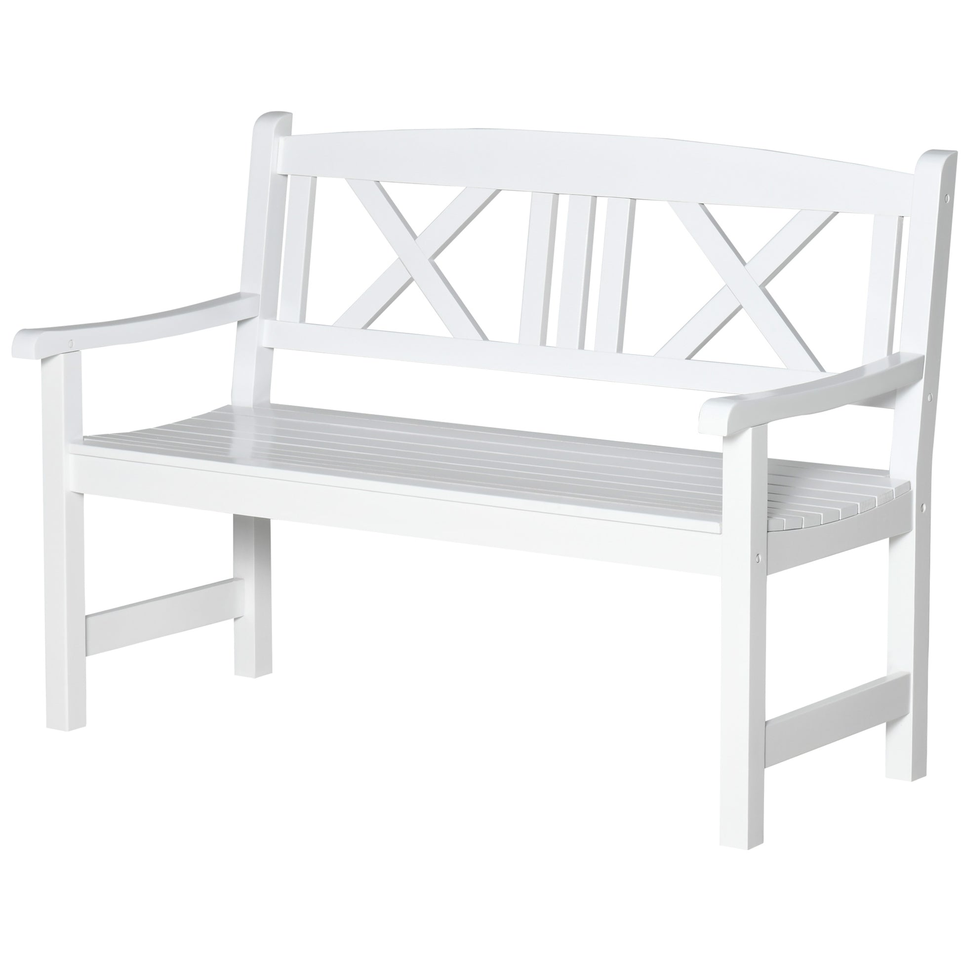 2-Seater Wooden Garden Bench, 4FT X-Shape Back Outdoor Patio Loveseat, White-DECOROLALA
